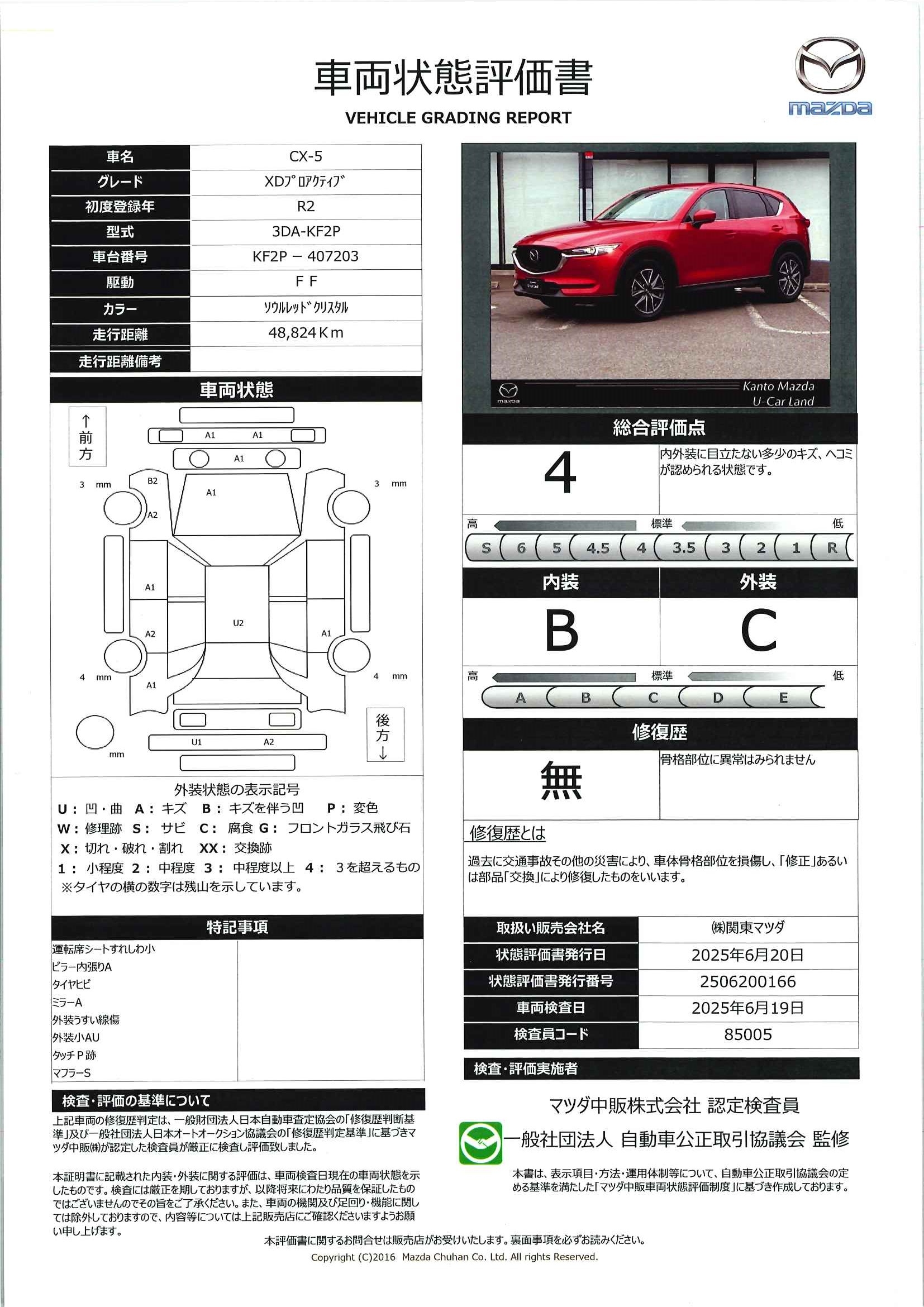 【CX-5　XD プロアクティブ ディーゼルターボ360度カメラ　運転席パワーシート　シートヒーター　ETC2.0　電動リアゲート　ＢＯＳＥ　449qe022】の車両評価書｜関東マツダ　U-CAR NET ユーカーネット