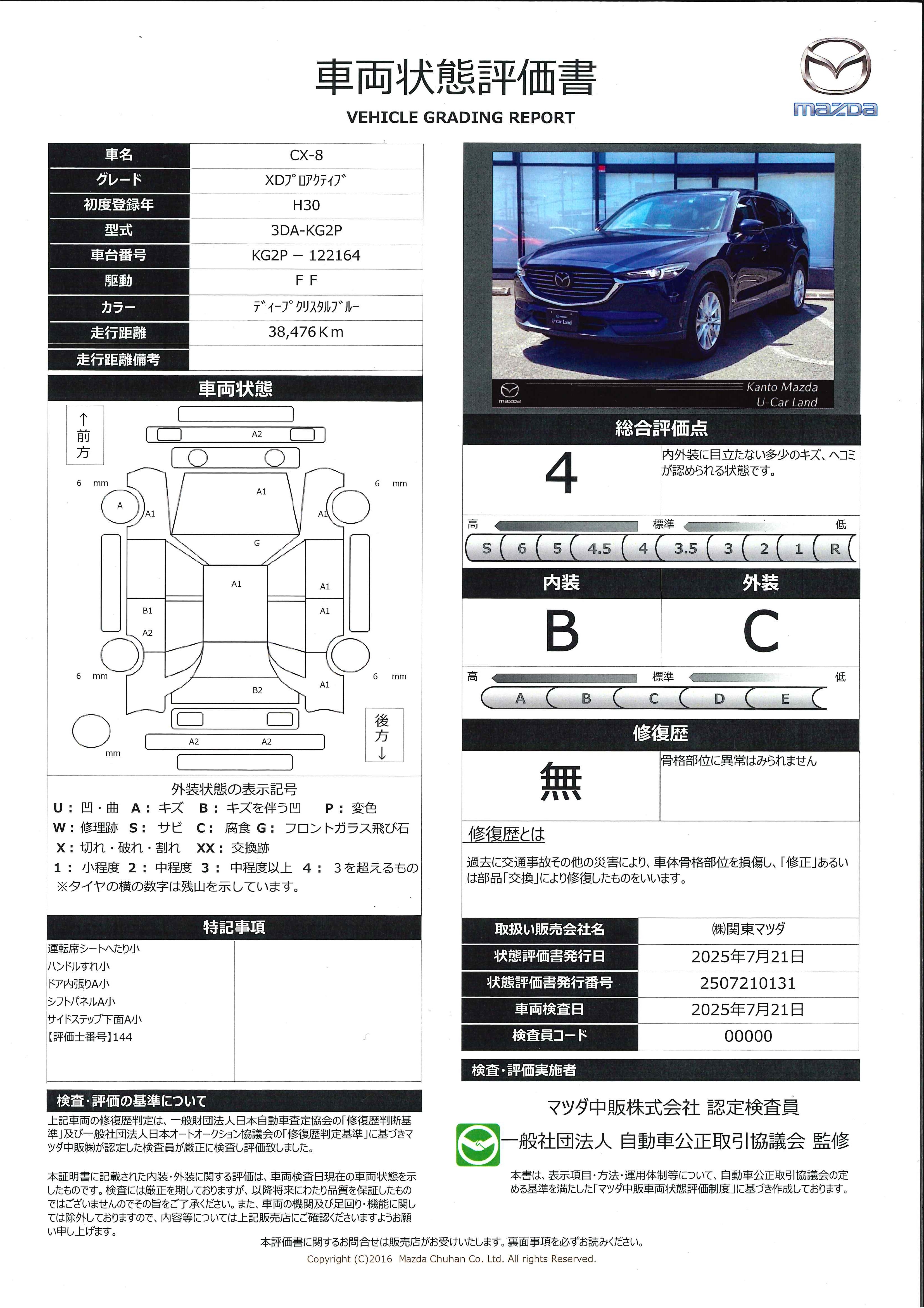 【CX-8　2.2 XD プロアクティブ ディーゼルターボ360度カメラ アルパインフリップダウンモニター シートヒーター ＥＴＣ２．０　449qg009】の車両評価書｜関東マツダ　U-CAR NET ユーカーネット