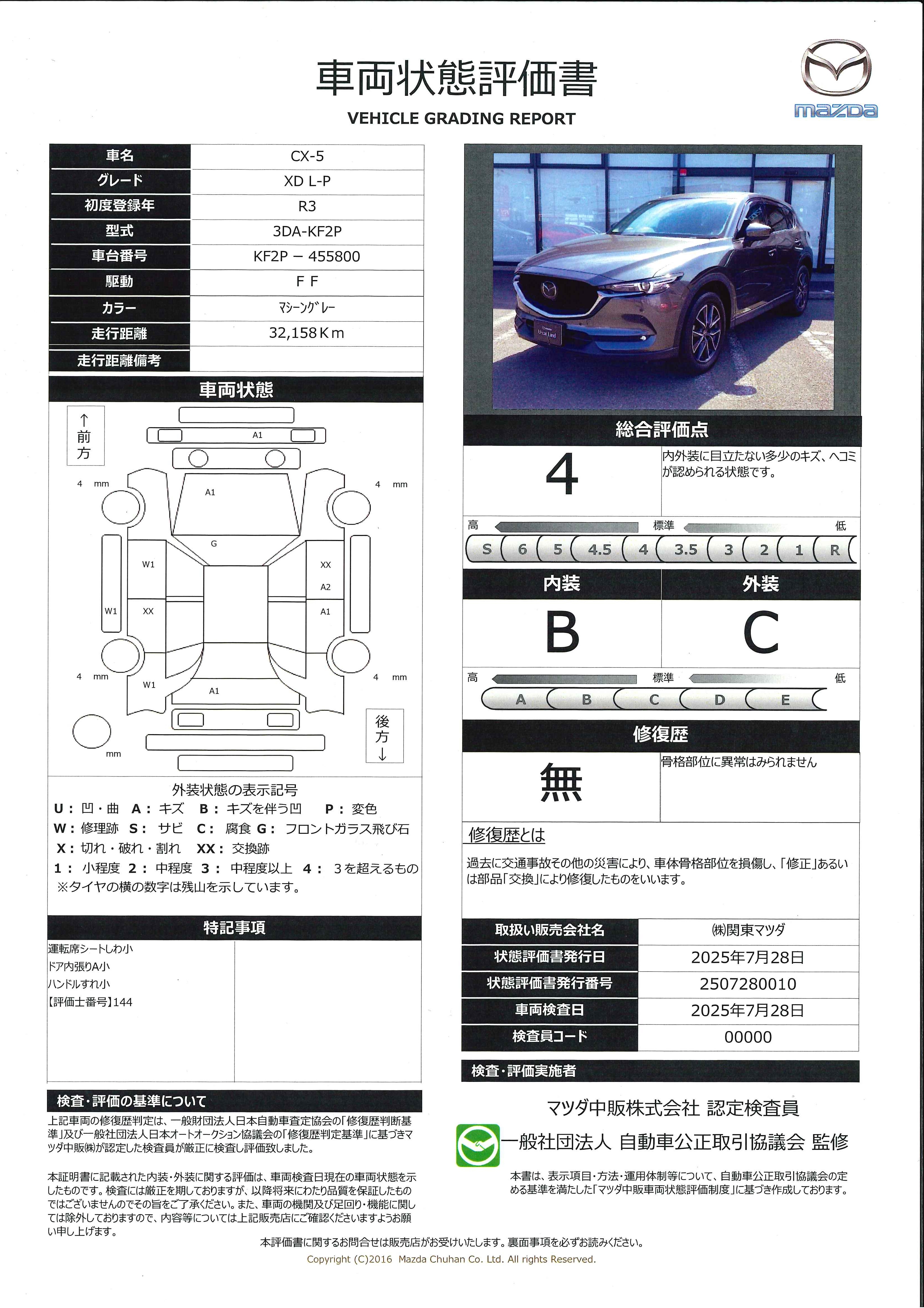 【CX-5　2.2 XD Lパッケージ ディーゼルターボ純正前後ドライブレコーダー　ＥＴＣ２．０　３６０度カメラ　マツダコネクトナビ　リアパワーゲート　449qg010】の車両評価書｜関東マツダ　U-CAR NET ユーカーネット