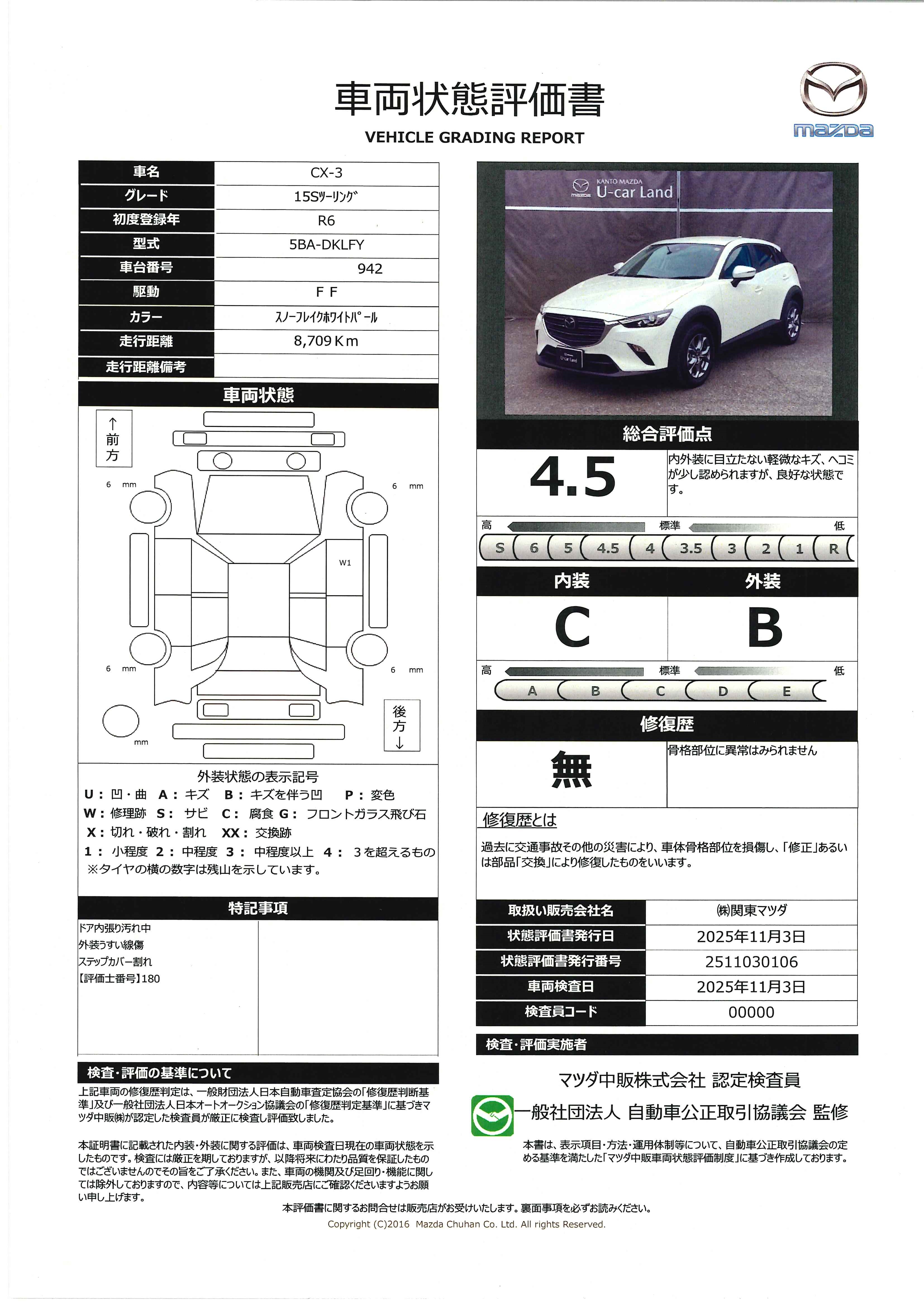 【CX-3　1.5 15S ツーリング360°ビューモニター　2カメドライブレコーダー　ETC　451ql001】の車両評価書｜関東マツダ　U-CAR NET ユーカーネット