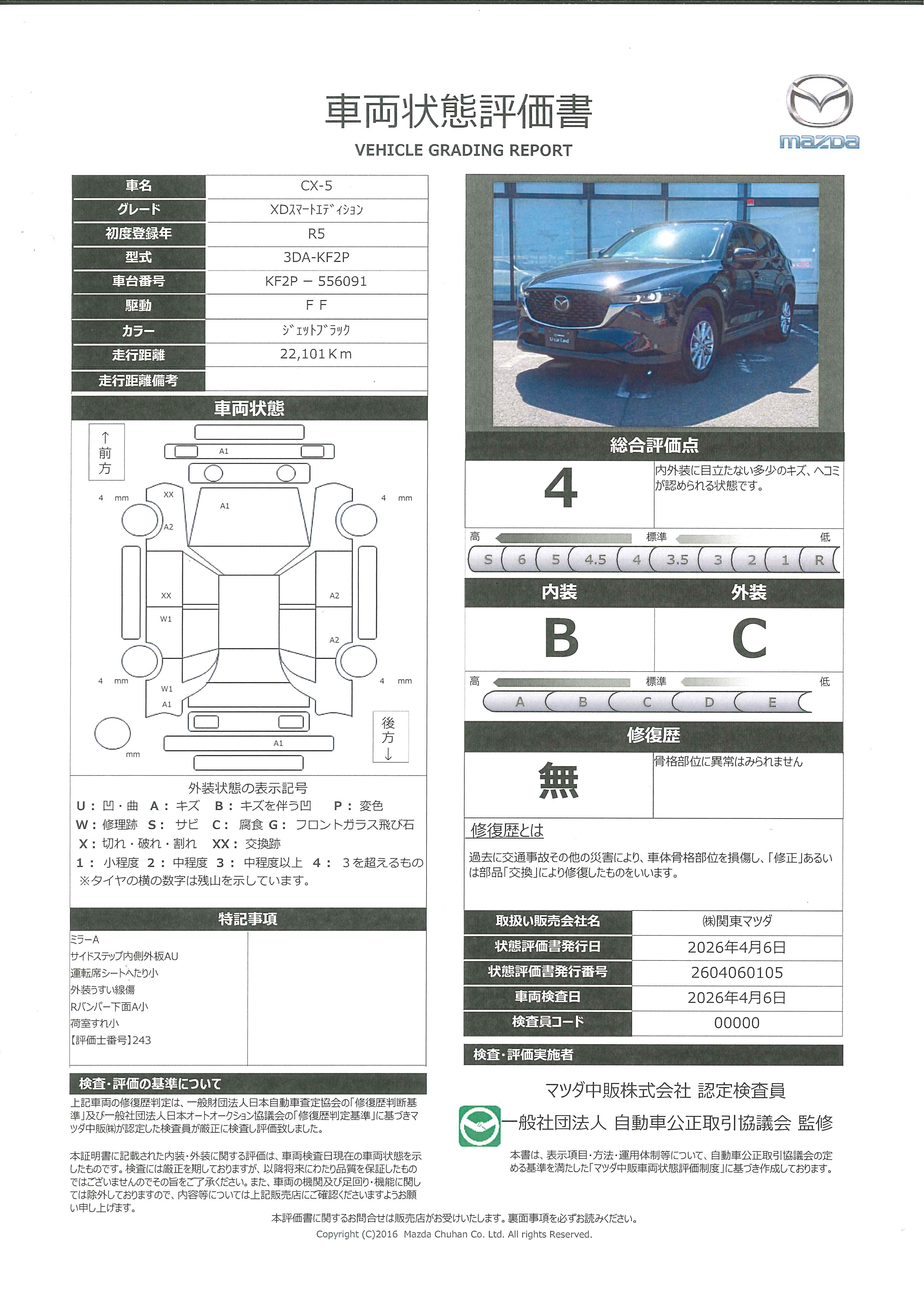 【CX-5　2.2 XD スマート エディション ディーゼルターボターボ　３６０度カメラ　ドラレコ　ETC　451rd001】の車両評価書｜関東マツダ　U-CAR NET ユーカーネット