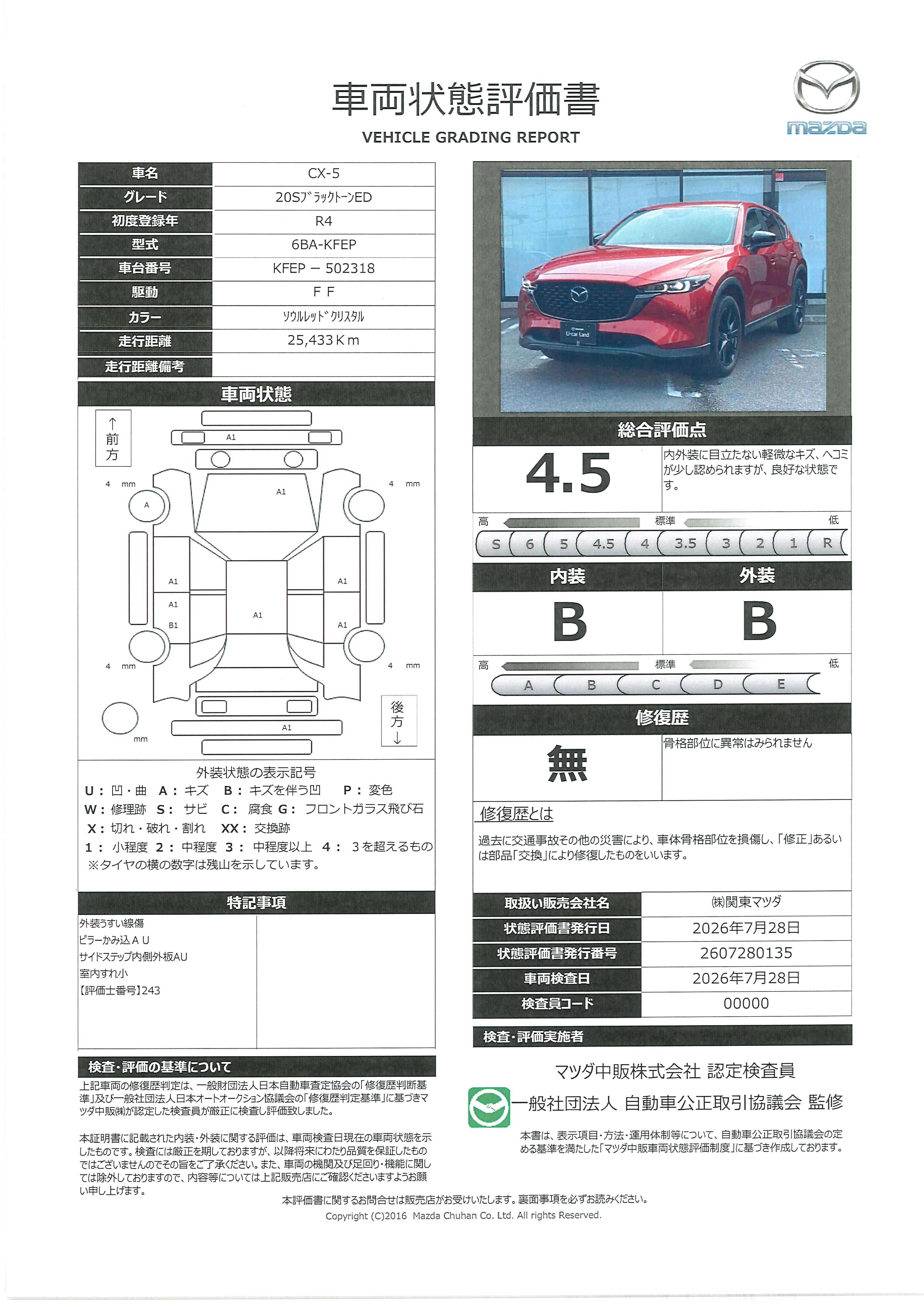 【CX-5　2.0 20S ブラックトーンエディション20S BLK TE　451rg017】の車両評価書｜関東マツダ　U-CAR NET ユーカーネット