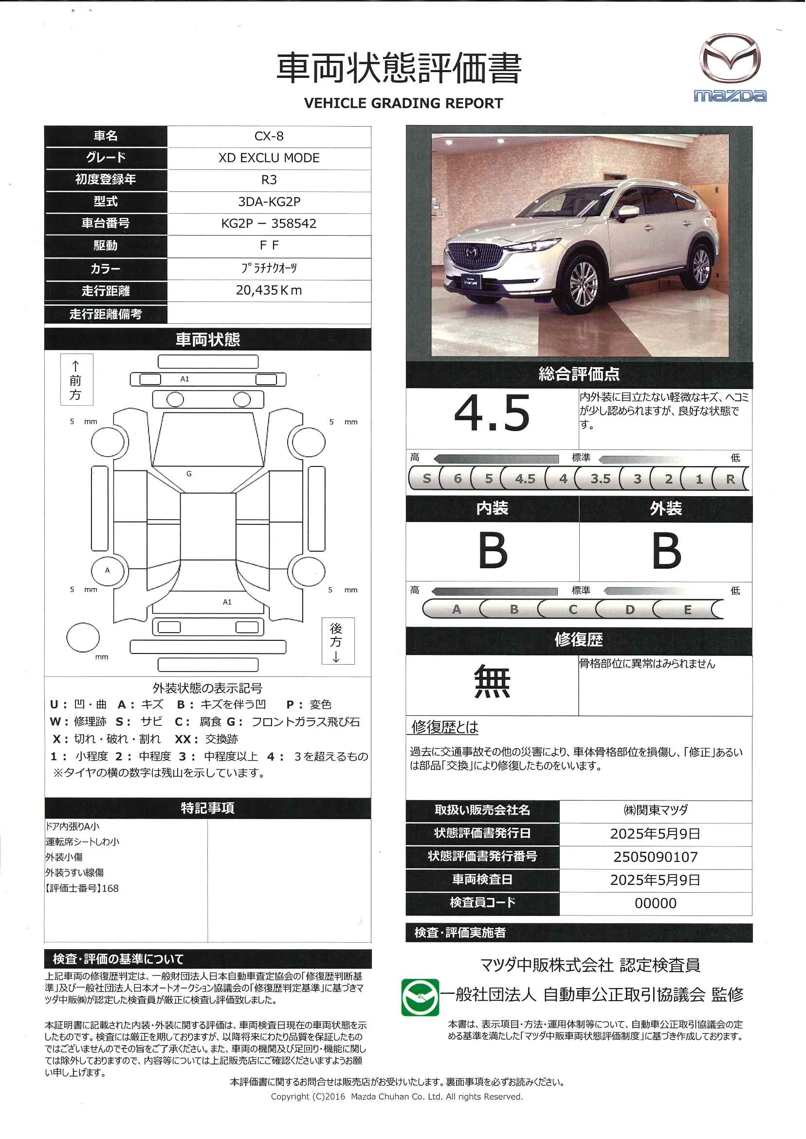 【CX-8　2.2 XD エクスクルーシブ モード ディーゼルターボ７人乗り　シートベンチレーション　ＢＯＳＥ　353qd019】の車両評価書｜関東マツダ　U-CAR NET ユーカーネット