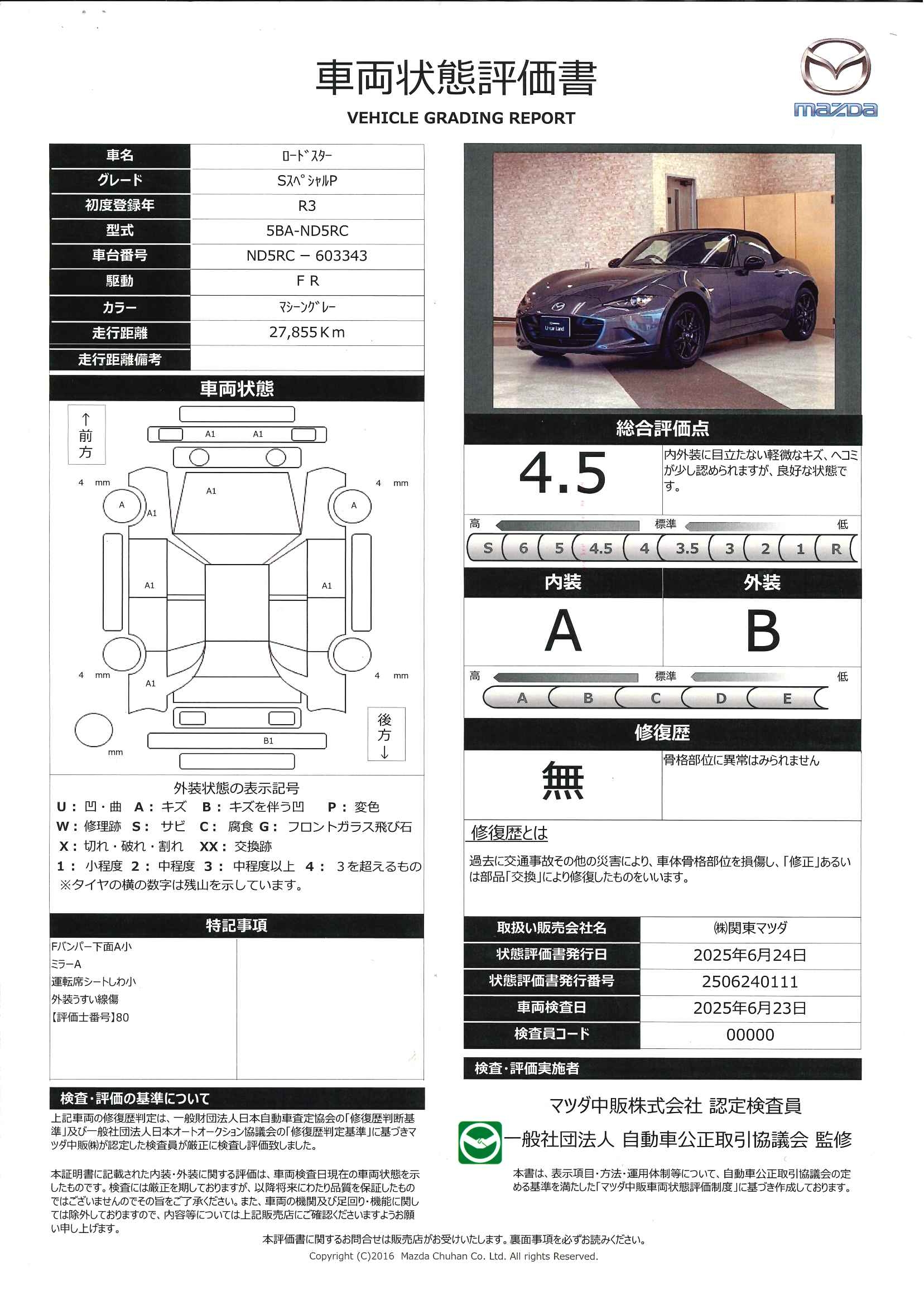 【ロードスター　1.5 S スペシャルパッケージマツダコネクト　バックカメラ　ドラレコ　353qf007】の車両評価書｜関東マツダ　U-CAR NET ユーカーネット