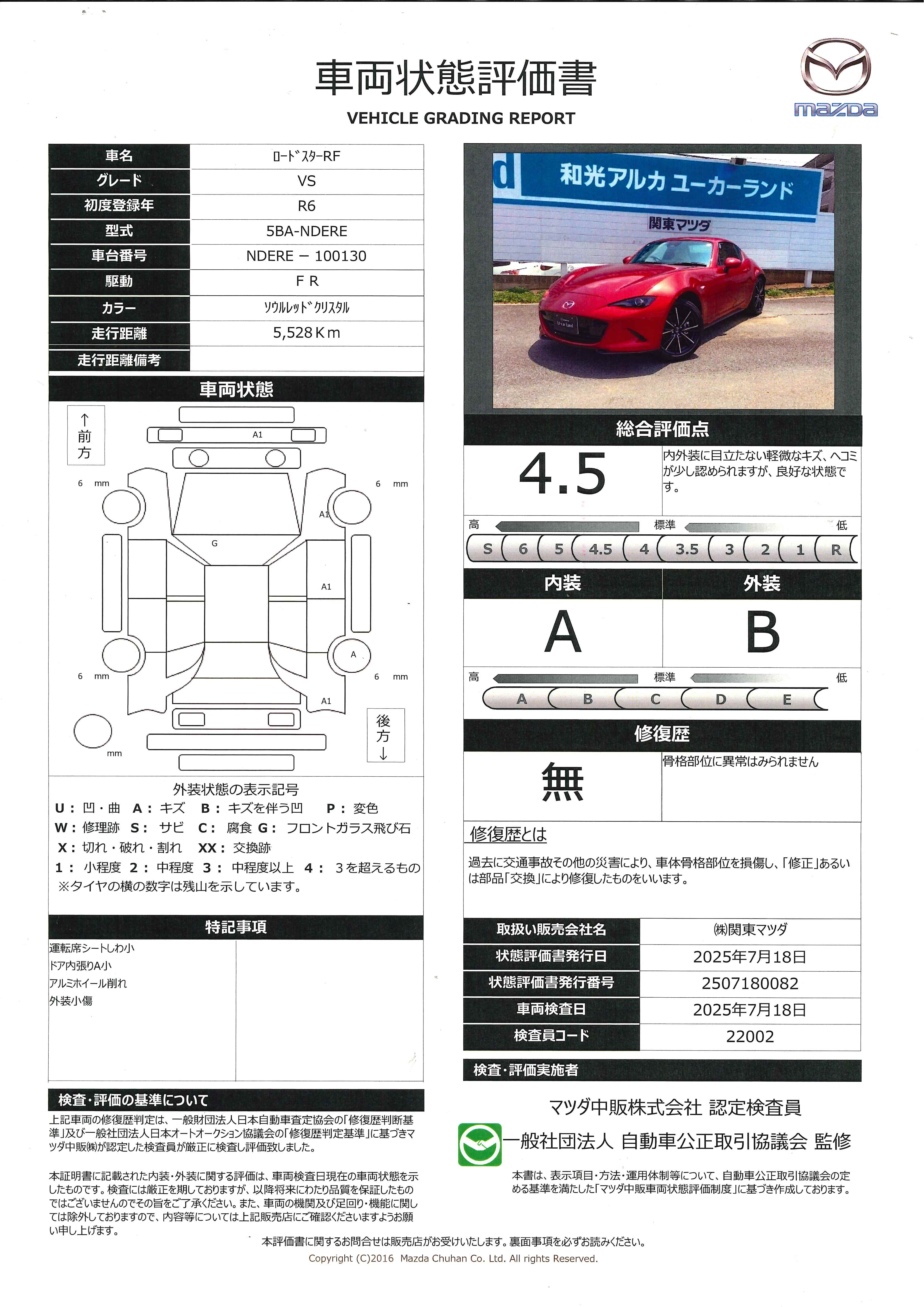 【ロードスターＲＦ　ＲＦ2.0 VS当社試乗車使用車　オートマ　マツダコネクト　　353qg001】の車両評価書｜関東マツダ　U-CAR NET ユーカーネット