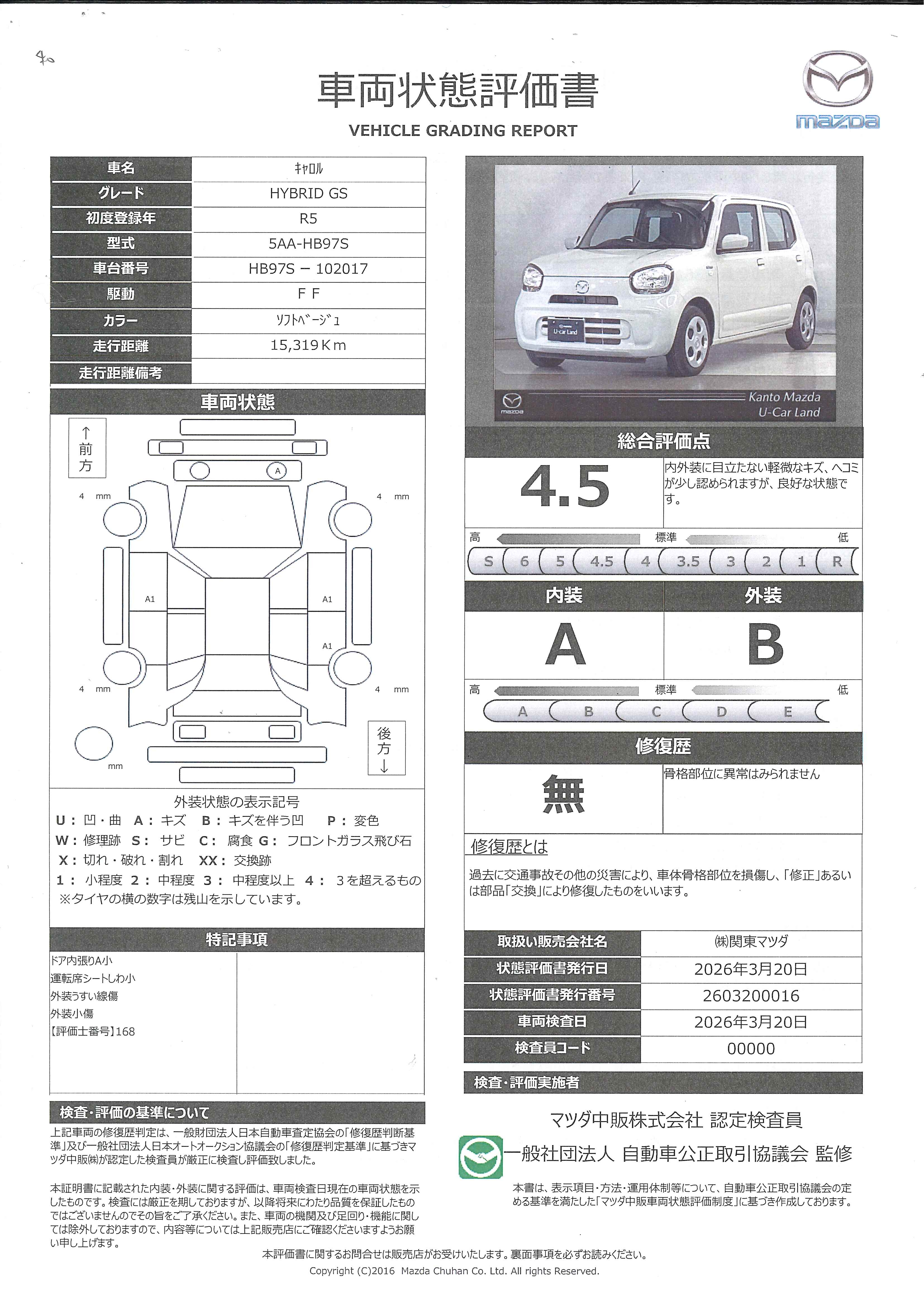 【キャロル　660 ハイブリッド GSＣＶＴオートマ　衝突軽減ブレーキ　車線逸脱警報装置　353rc010】の車両評価書｜関東マツダ　U-CAR NET ユーカーネット