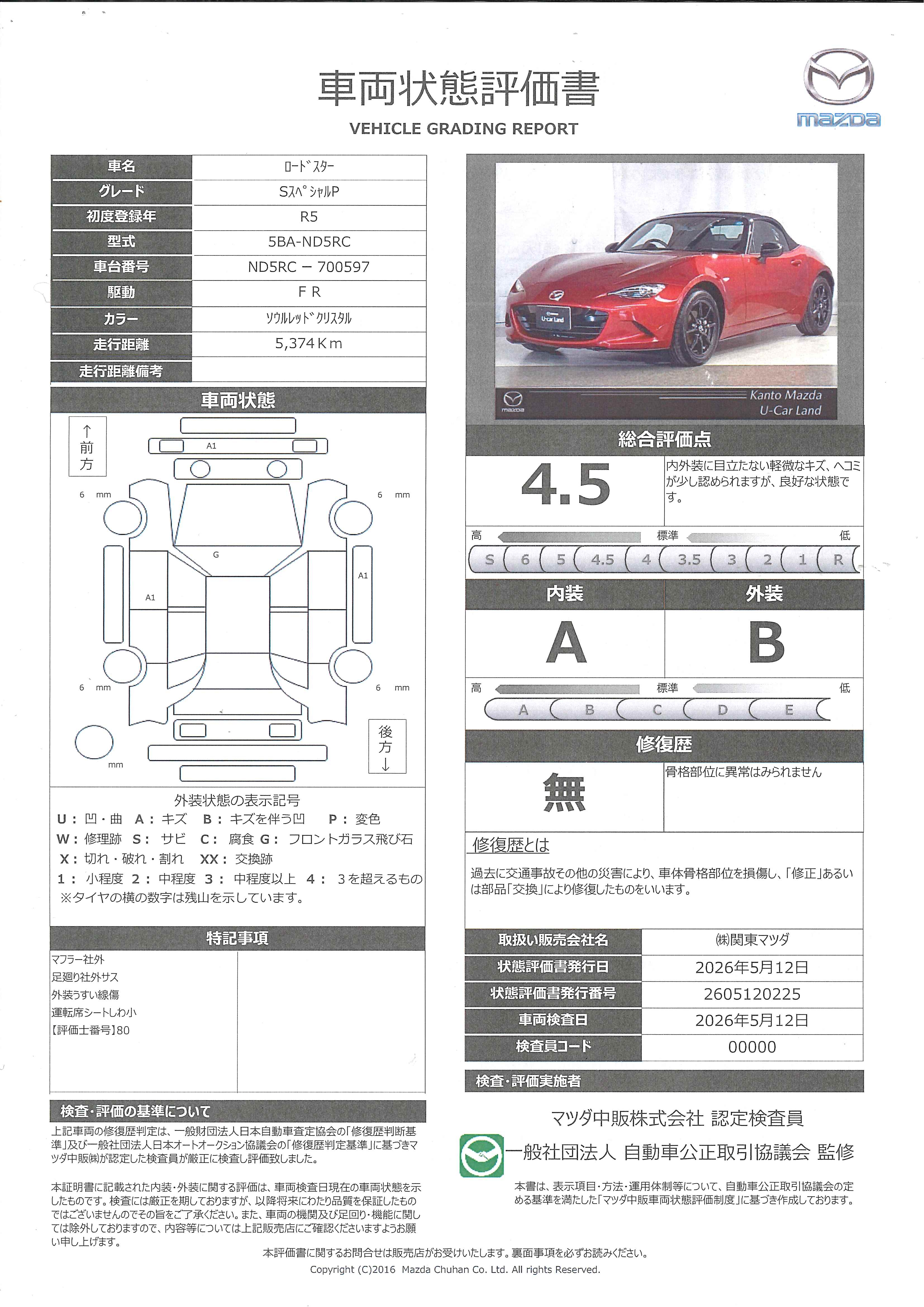 【ロードスター　1.5 S スペシャルパッケージオートエグゼローダウンキット　スポーツマフラー　　353re002】の車両評価書｜関東マツダ　U-CAR NET ユーカーネット