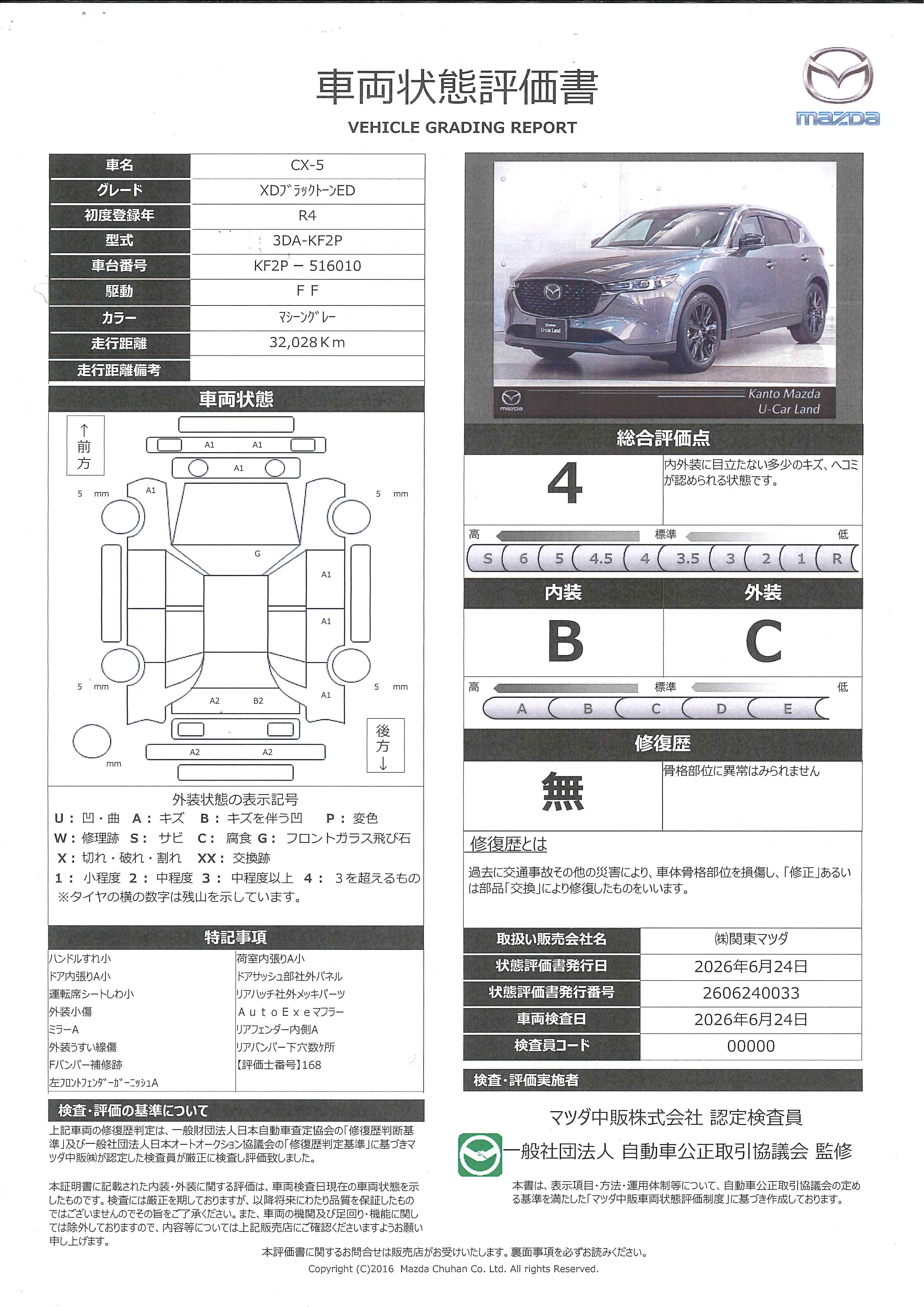 【CX-5　2.2 XD ブラックトーンエディション ディーゼルターボオートエグゼローダウン仕様　ワンオーナー　１９アルミ　353rf007】の車両評価書｜関東マツダ　U-CAR NET ユーカーネット