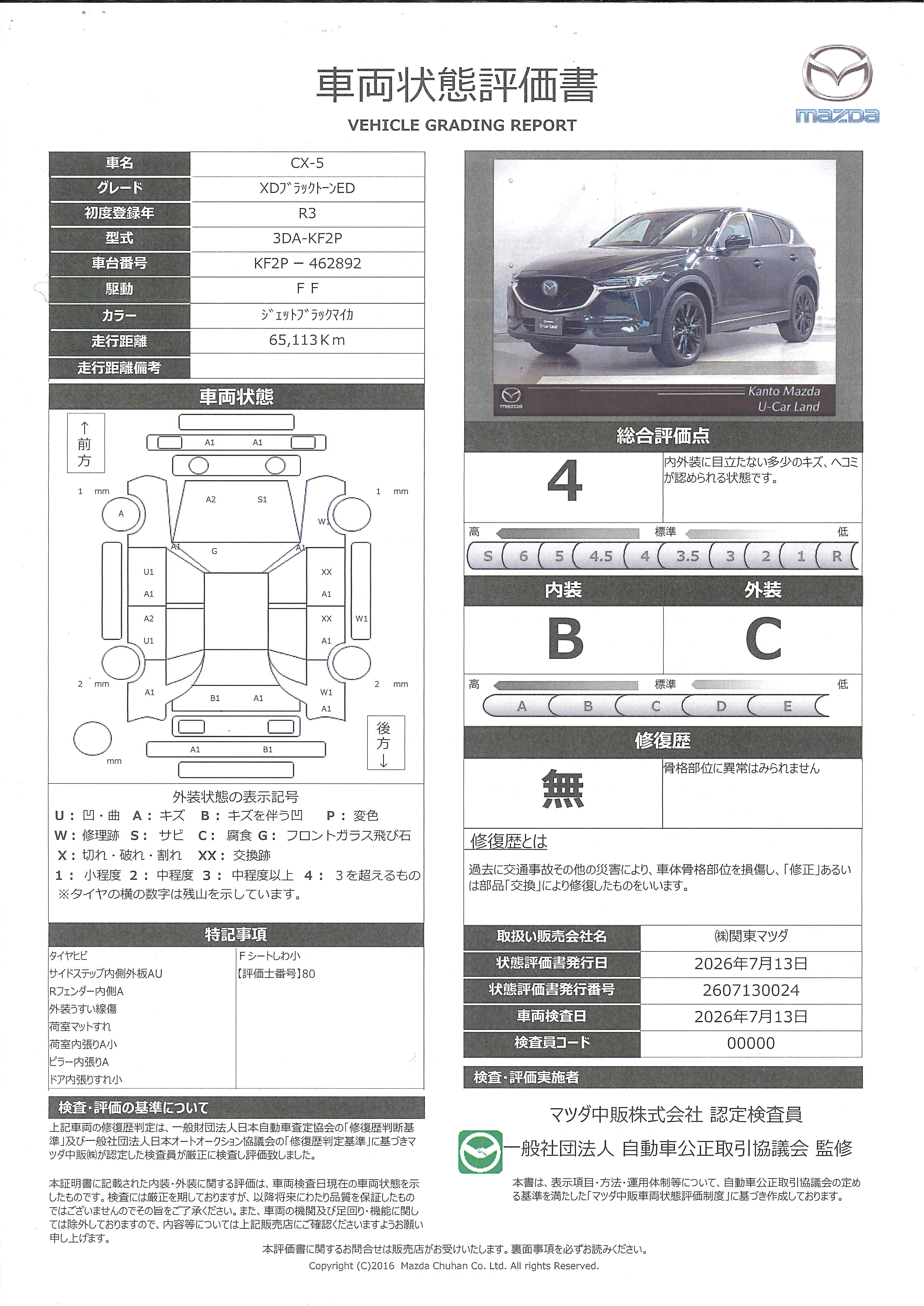 【CX-5　2.2 XD ブラックトーンエディション ディーゼルターボマツダコネクトナビ　３６０°モニター　１９インチアルミ　353rg005】の車両評価書｜関東マツダ　U-CAR NET ユーカーネット