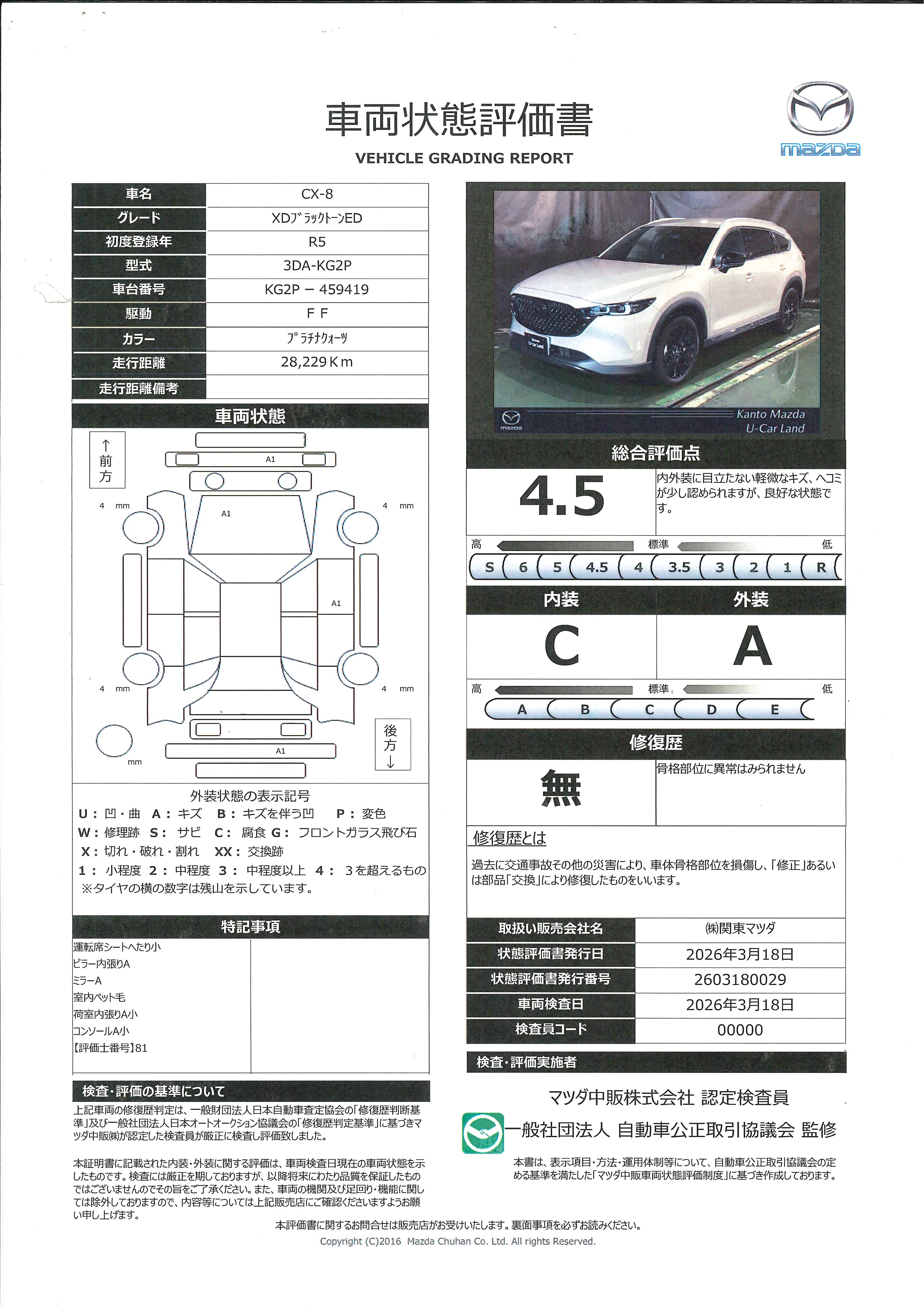 【CX-8　2.2 XD ブラックトーン エディション ディーゼルターボ６人乗り　３６０°モニター　ワンオーナー　353rh005】の車両評価書｜関東マツダ　U-CAR NET ユーカーネット