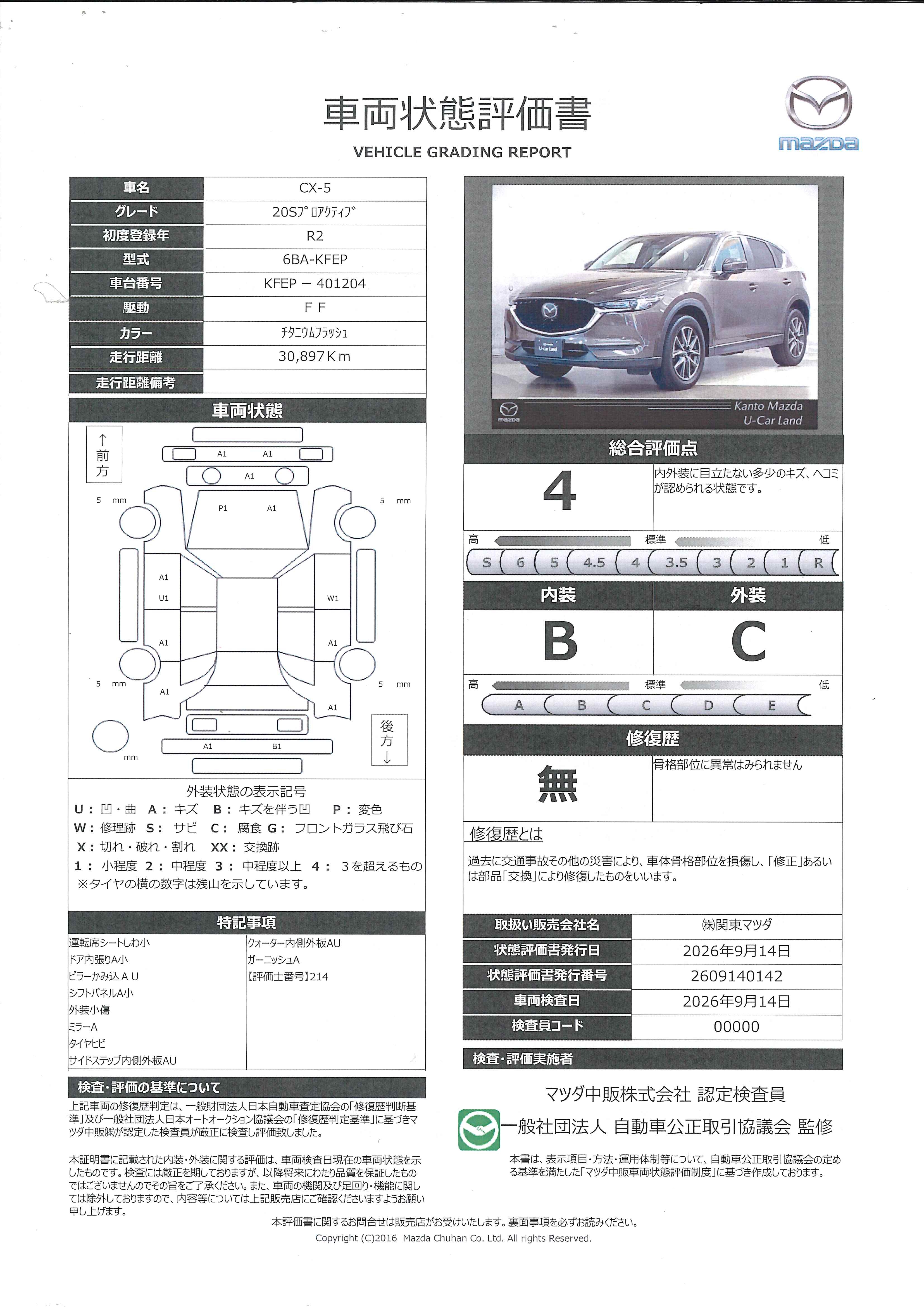 【CX-5　2.0 20S プロアクティブ  ・MTモード付AT・LEDヘッドライト・オートライト・横滑り防止装置・車線逸脱警報システム・盗難防止装置・衝突軽減ブレーキ・障害物センサー・AT誤発進抑制制御・ブラインドスポットモニタリングシステ　353ri010】の車両評価書｜関東マツダ　U-CAR NET ユーカーネット
