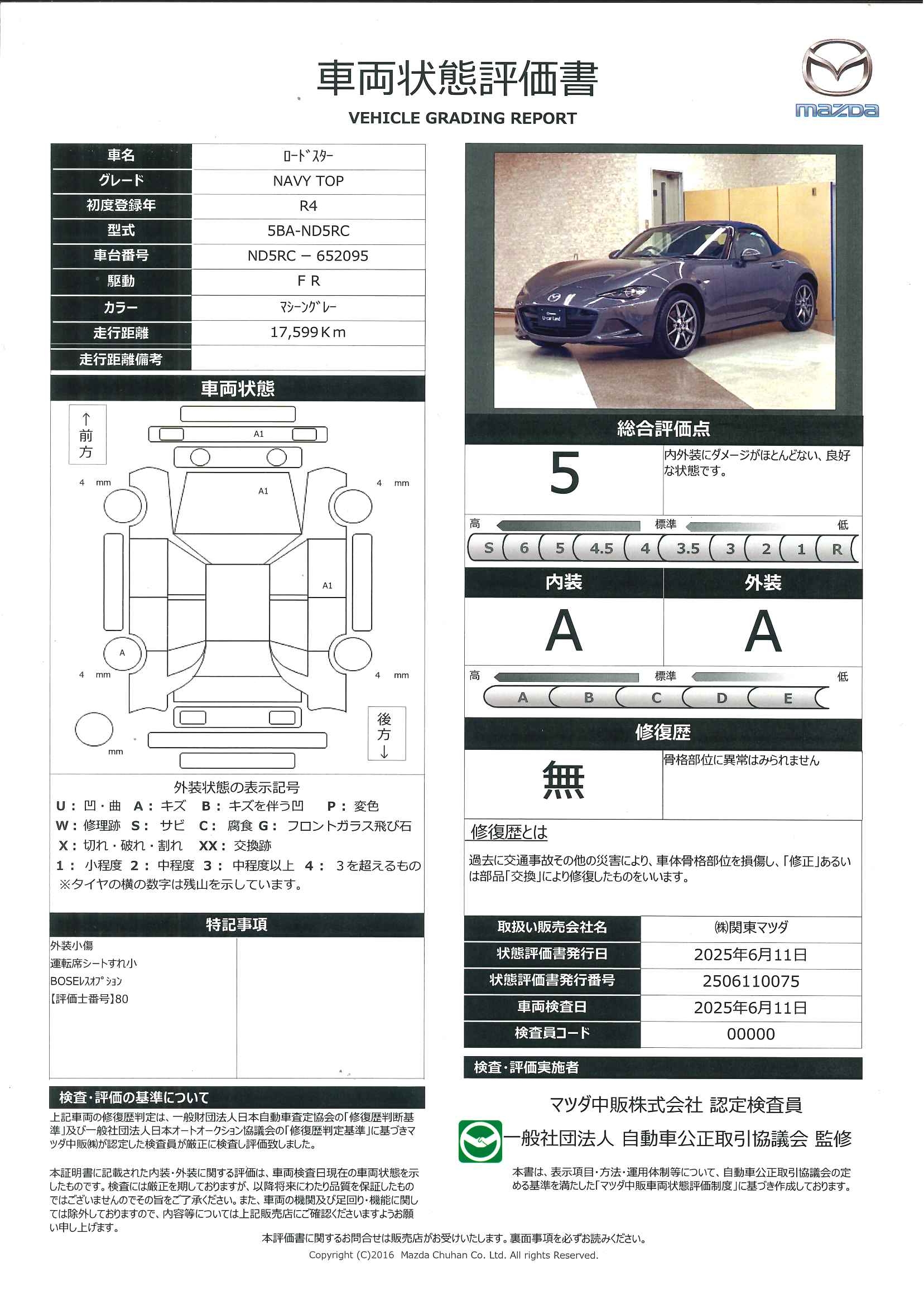 【ロードスター　1.5 ネイビー トップマツダコネクトナビ　ETC　ドラレコ　627qf004】の車両評価書｜関東マツダ　U-CAR NET ユーカーネット