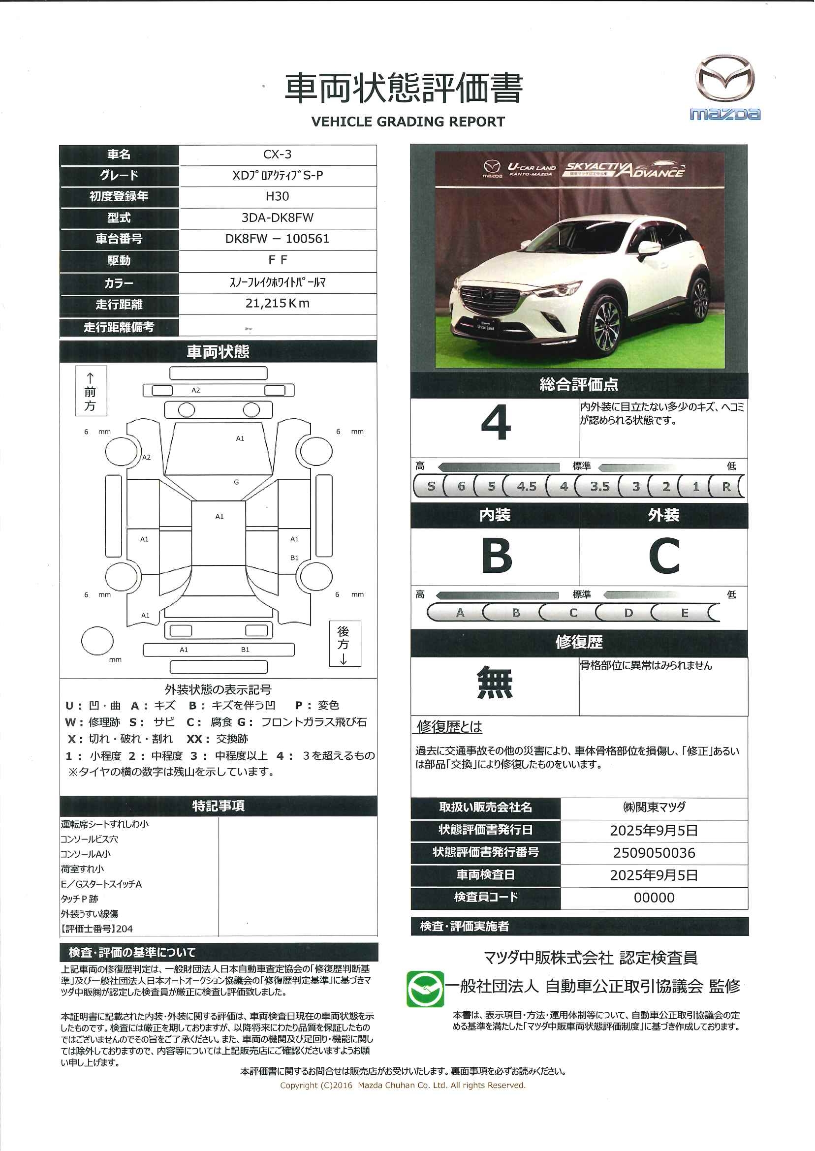 【CX-3　1.8 XD プロアクティブ Sパッケージ ディーゼルターボマツダコネクトナビ　３６０度カメラ　ETC　627qh004】の車両評価書｜関東マツダ　U-CAR NET ユーカーネット