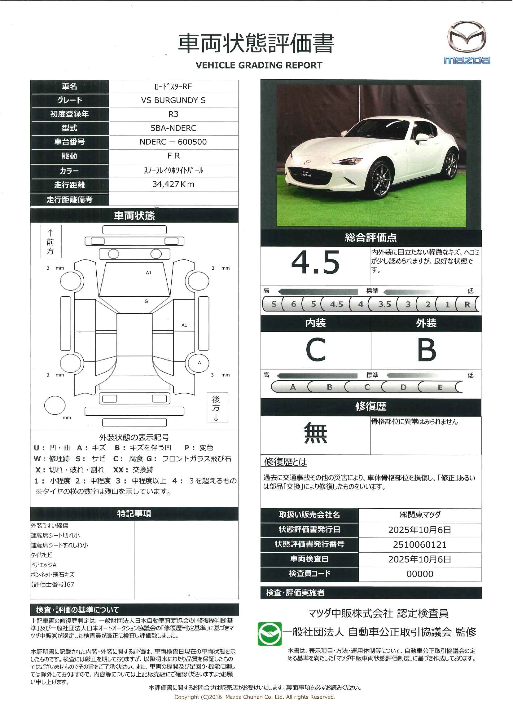 【ロードスターRF 　2.0 VS バーガンディ― セレクションマツダコネクトナビ　ETC　バックカメラ　BOSE　627qi008】の車両評価書｜関東マツダ　U-CAR NET ユーカーネット