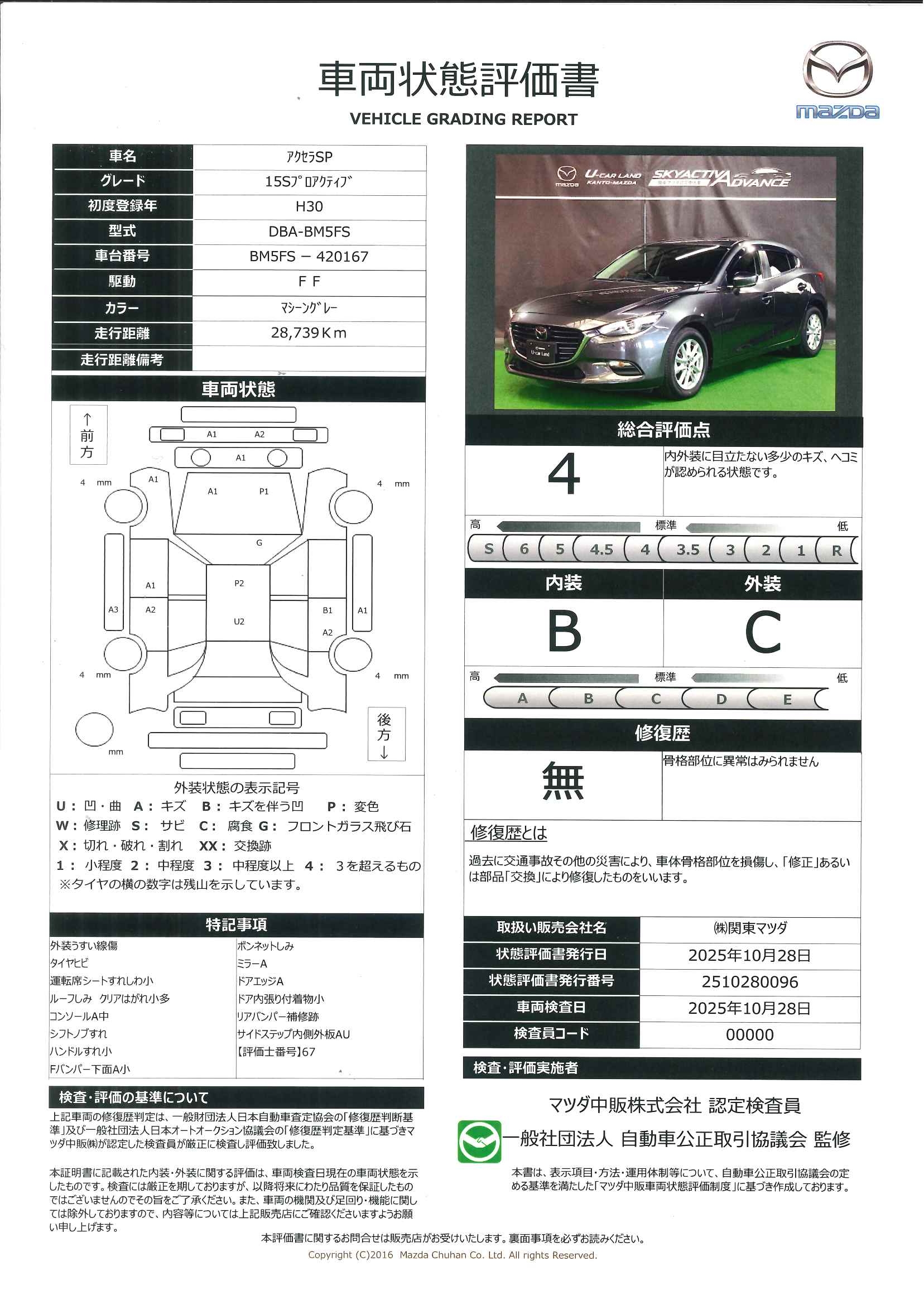 【アクセラスポーツ　　1.5 15S プロアクティブマツダコネクトナビ　３６０度カメラ　627qj007】の車両評価書｜関東マツダ　U-CAR NET ユーカーネット