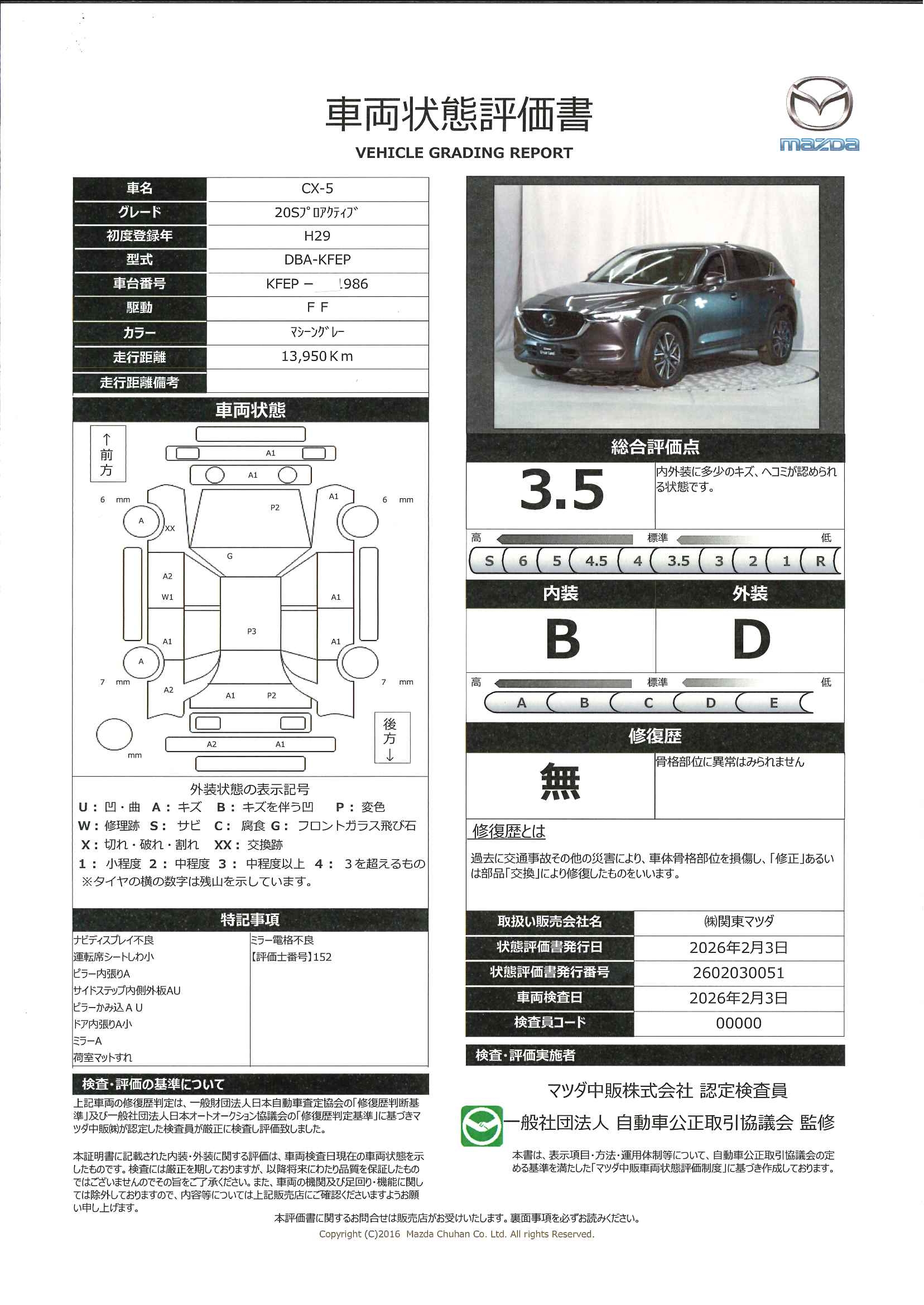 【CX-5　2.0 20S プロアクティブマツダコネクトナビ　ETC2.0　Bカメラ　627rb001】の車両評価書｜関東マツダ　U-CAR NET ユーカーネット