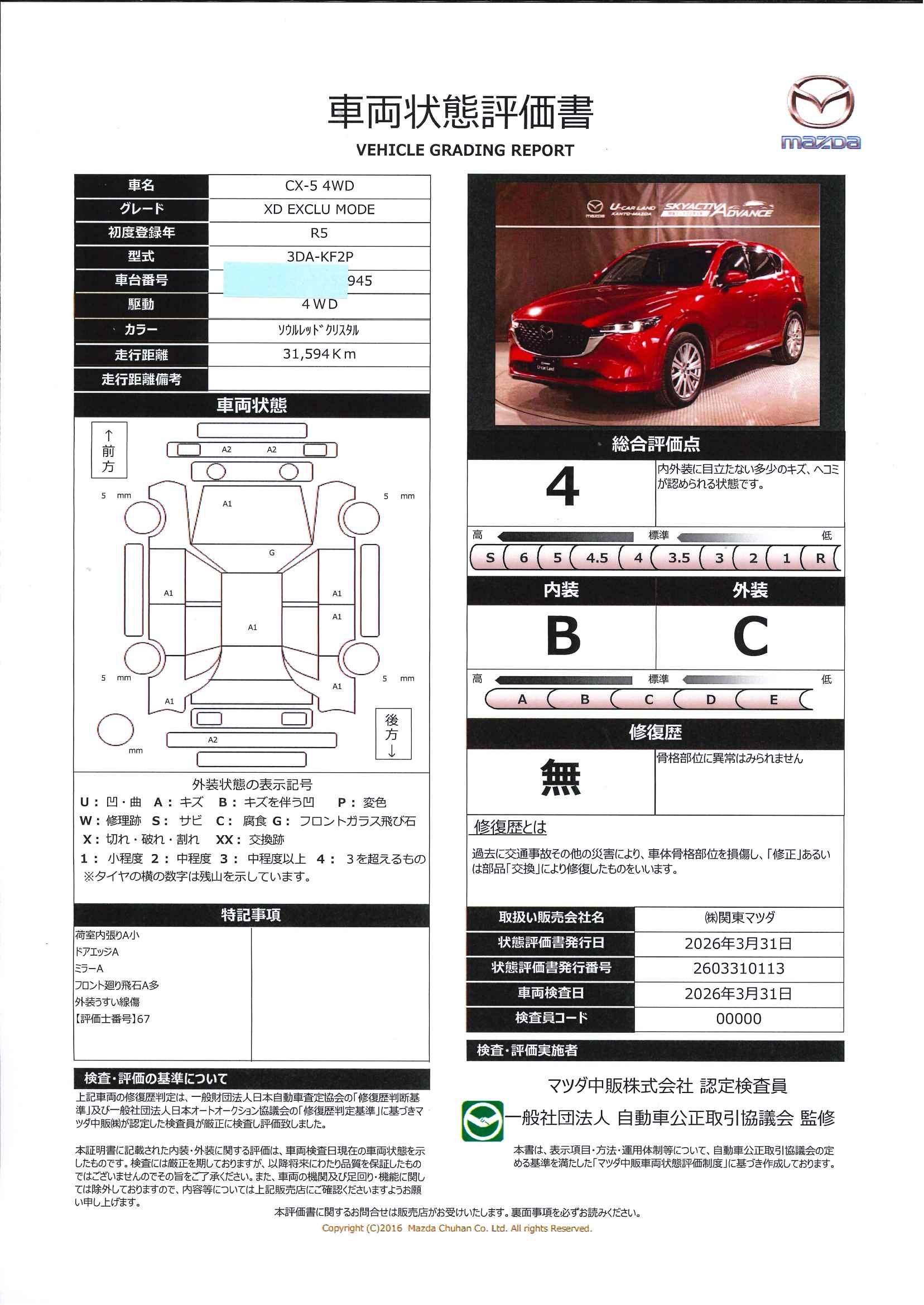 【CX-5　　2.2 XD エクスクルーシブ モード ディーゼルターボ 4WDマツダコネクトナビ　ETC2.0　３６０度カメラ　BOSE 　前後ドライブレコーダー　627rc015】の車両評価書｜関東マツダ　U-CAR NET ユーカーネット