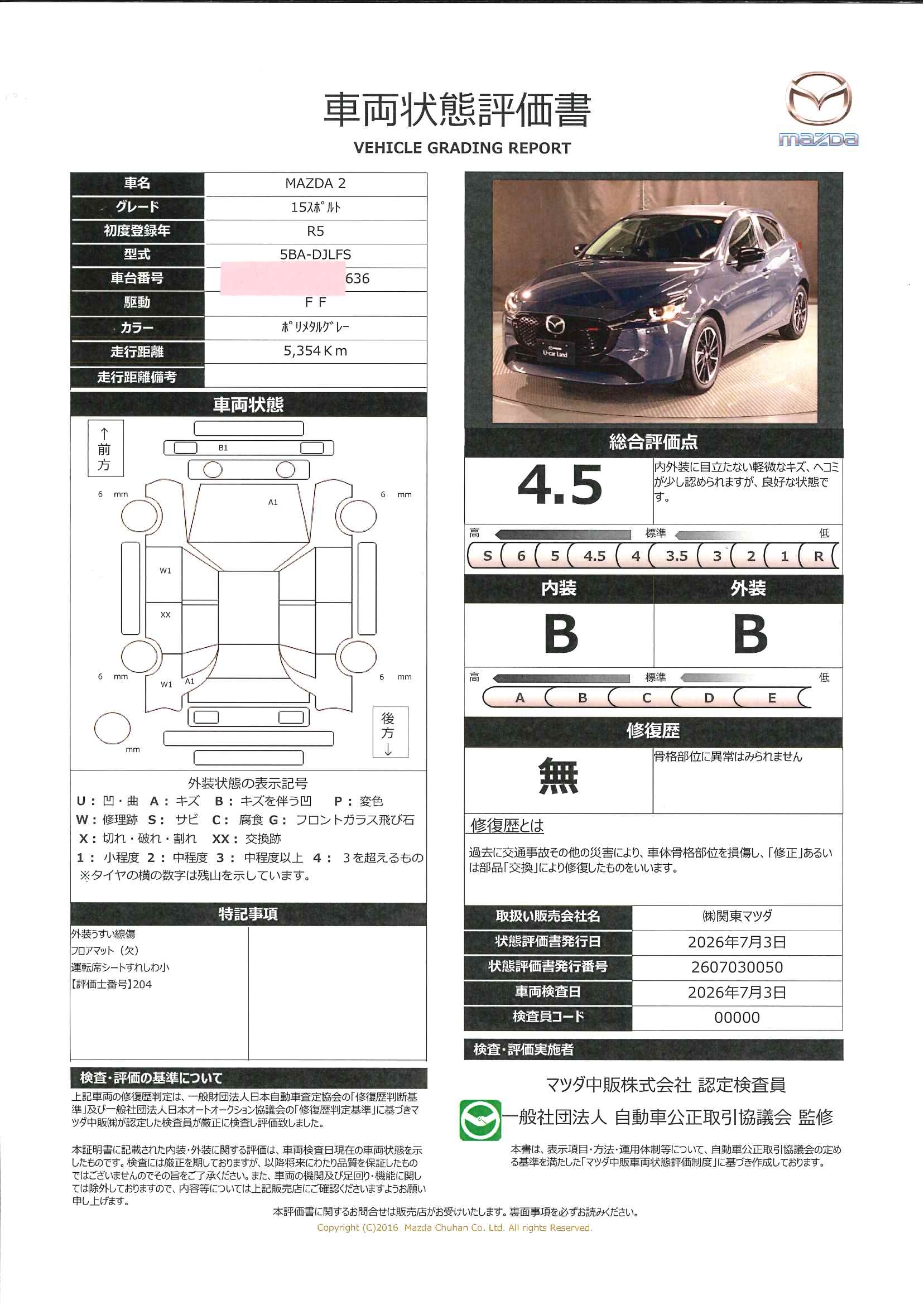 【MAZDA2　　1.5 15スポルトマツダコネクトナビ　ETC　３６０度カメラ　前後ドライブレコーダー　627rf012】の車両評価書｜関東マツダ　U-CAR NET ユーカーネット