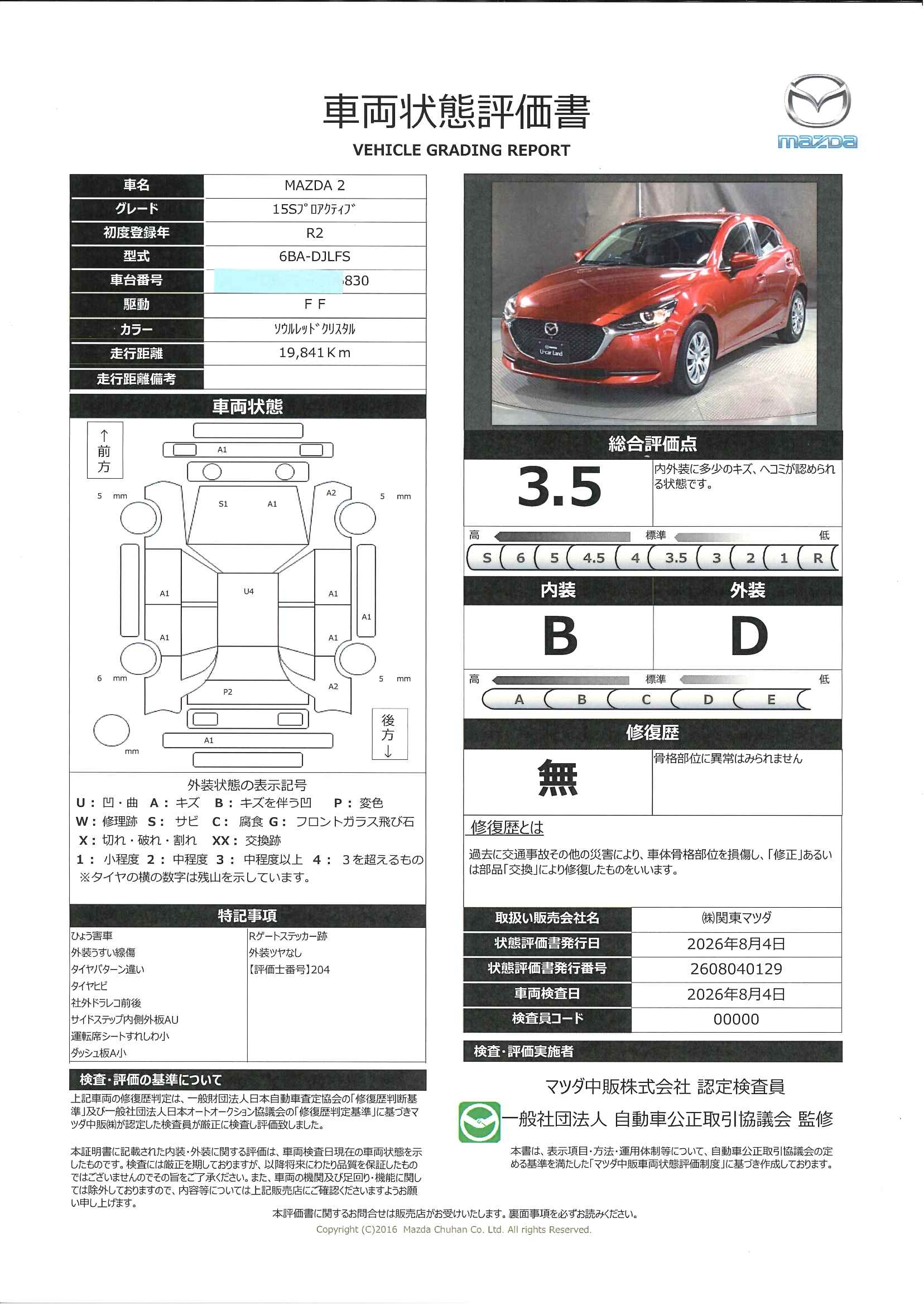【MAZDA2　1.5 15S プロアクティブ　雹害車　627rg014】の車両評価書｜関東マツダ　U-CAR NET ユーカーネット