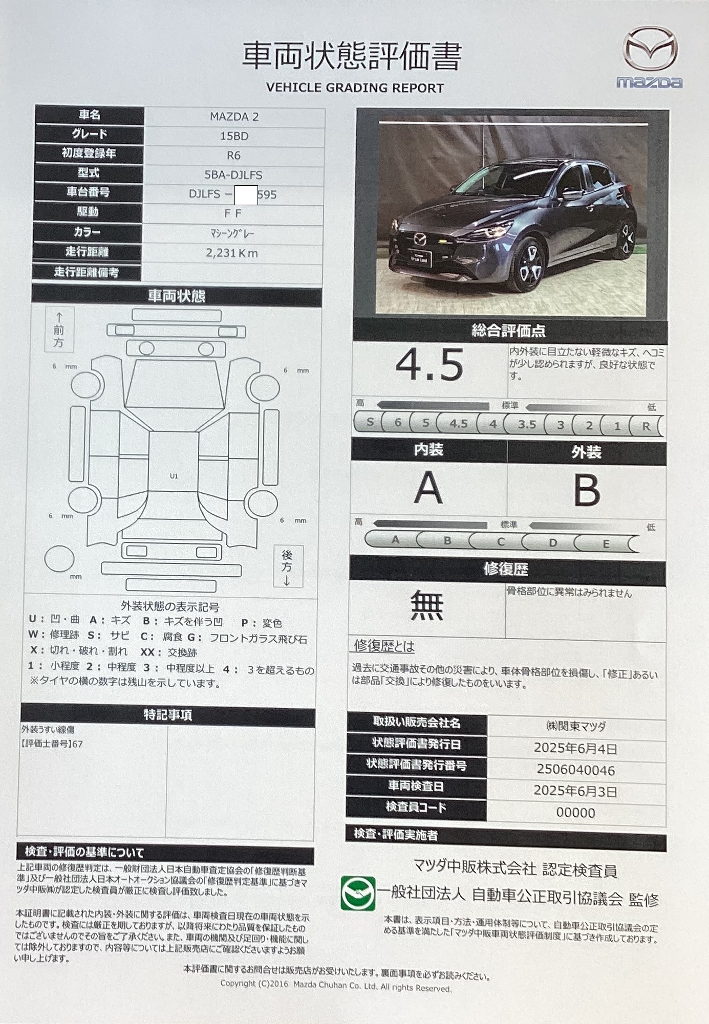 【MAZDA2　1.5 15BD360モニター　ETC　シートヒーター　元車用車　642qe011】の車両評価書｜関東マツダ　U-CAR NET ユーカーネット