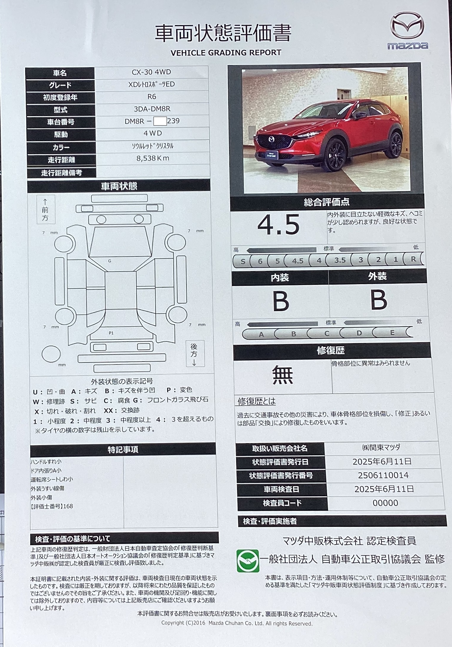 【CX-30　1.8 XD レトロ スポーツ エディション ディーゼルターボ 4WD特別仕様　360モニター　ETC　ドラレコ　ワンオーナー　642qf001】の車両評価書｜関東マツダ　U-CAR NET ユーカーネット