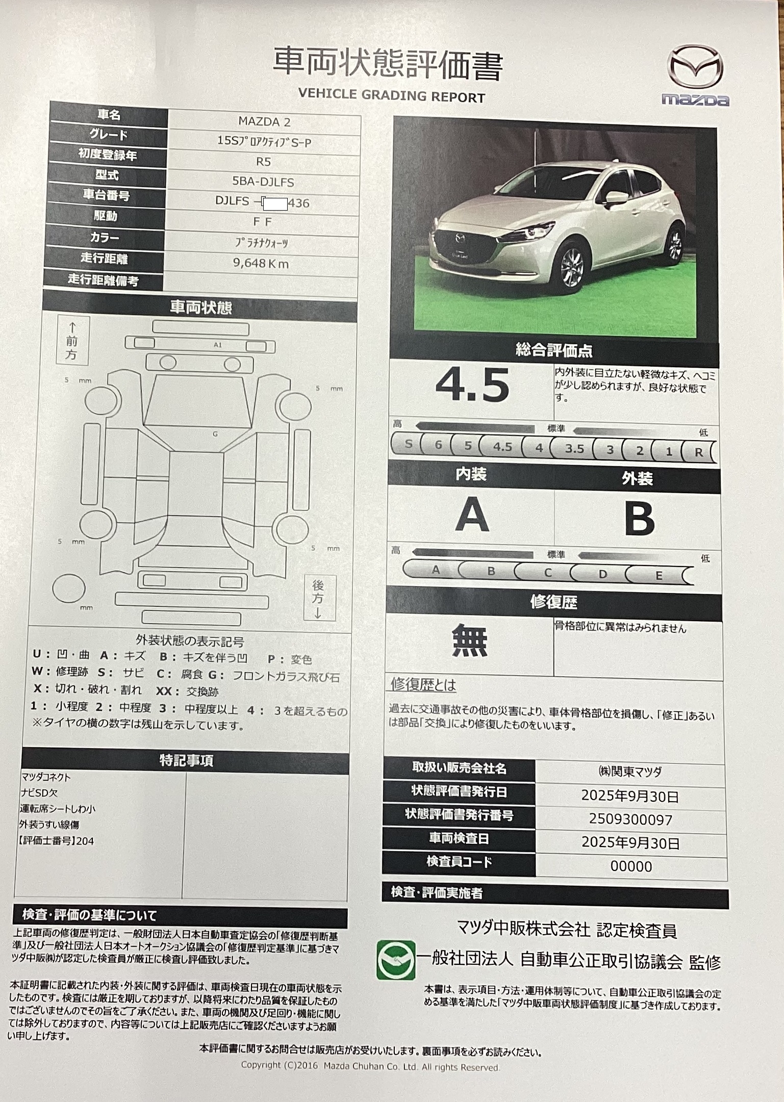 【MAZDA2　1.5 15S プロアクティブ Sパッケージ360モニター　ナビなし　ETCなし　ワンオーナー　642qi005】の車両評価書｜関東マツダ　U-CAR NET ユーカーネット