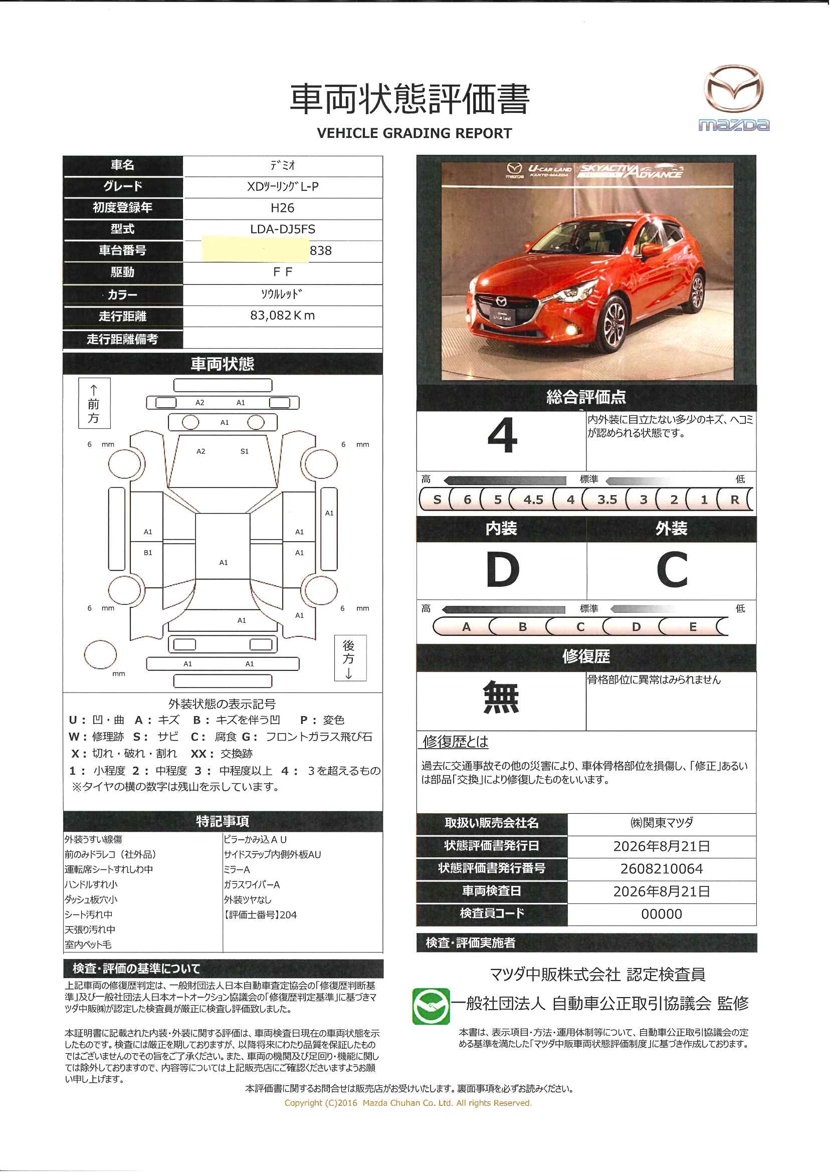 【デミオ　1.5 XD ツーリング Lパッケージ ディーゼルターボ外装現状（アウトレット）　642rh001】の車両評価書｜関東マツダ　U-CAR NET ユーカーネット