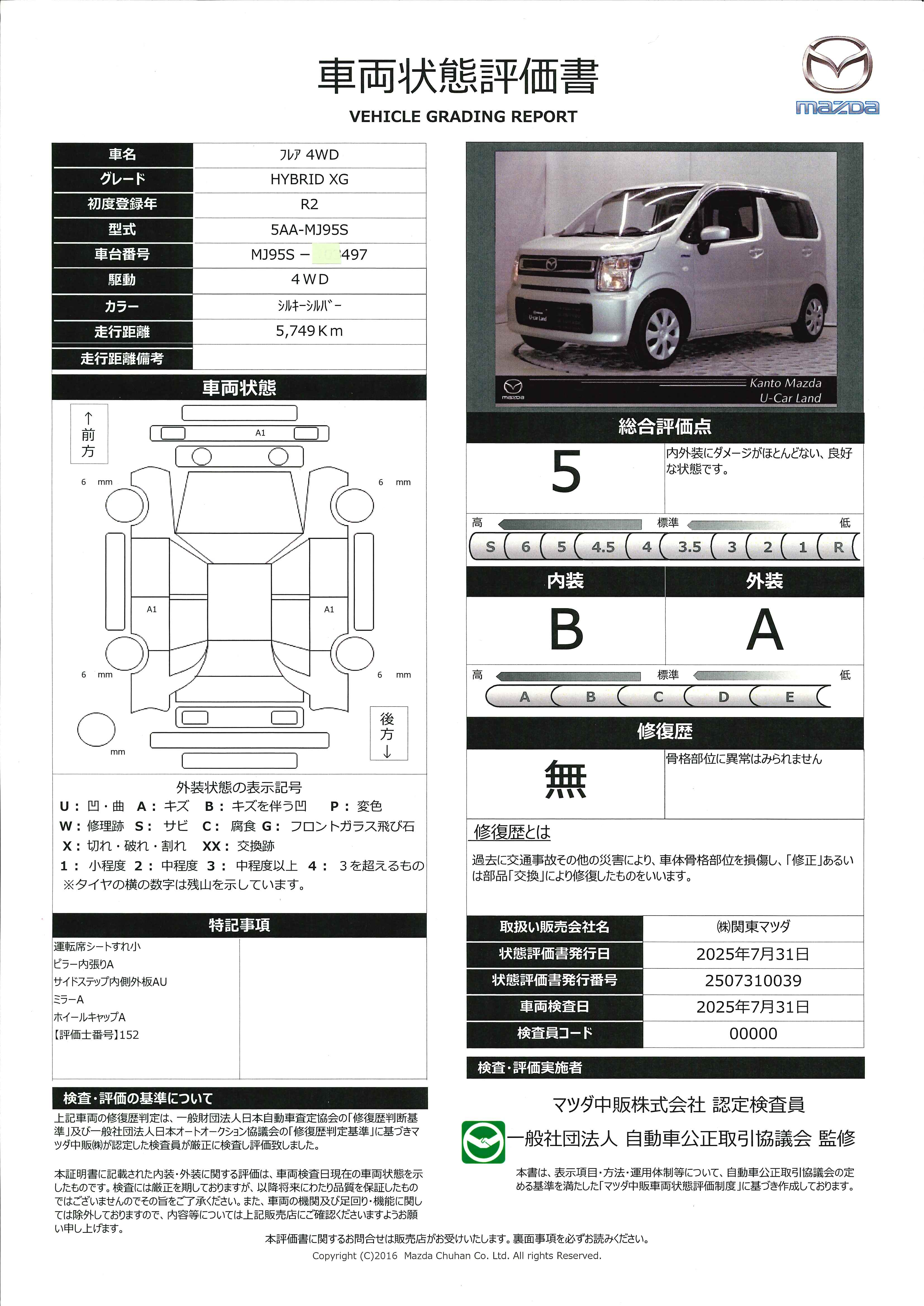 【フレア　660 ハイブリッド XG 4WDナビ　地デジ　前席シートヒーター　ビルトインETC　ドラレコ　643qg011】の車両評価書｜関東マツダ　U-CAR NET ユーカーネット