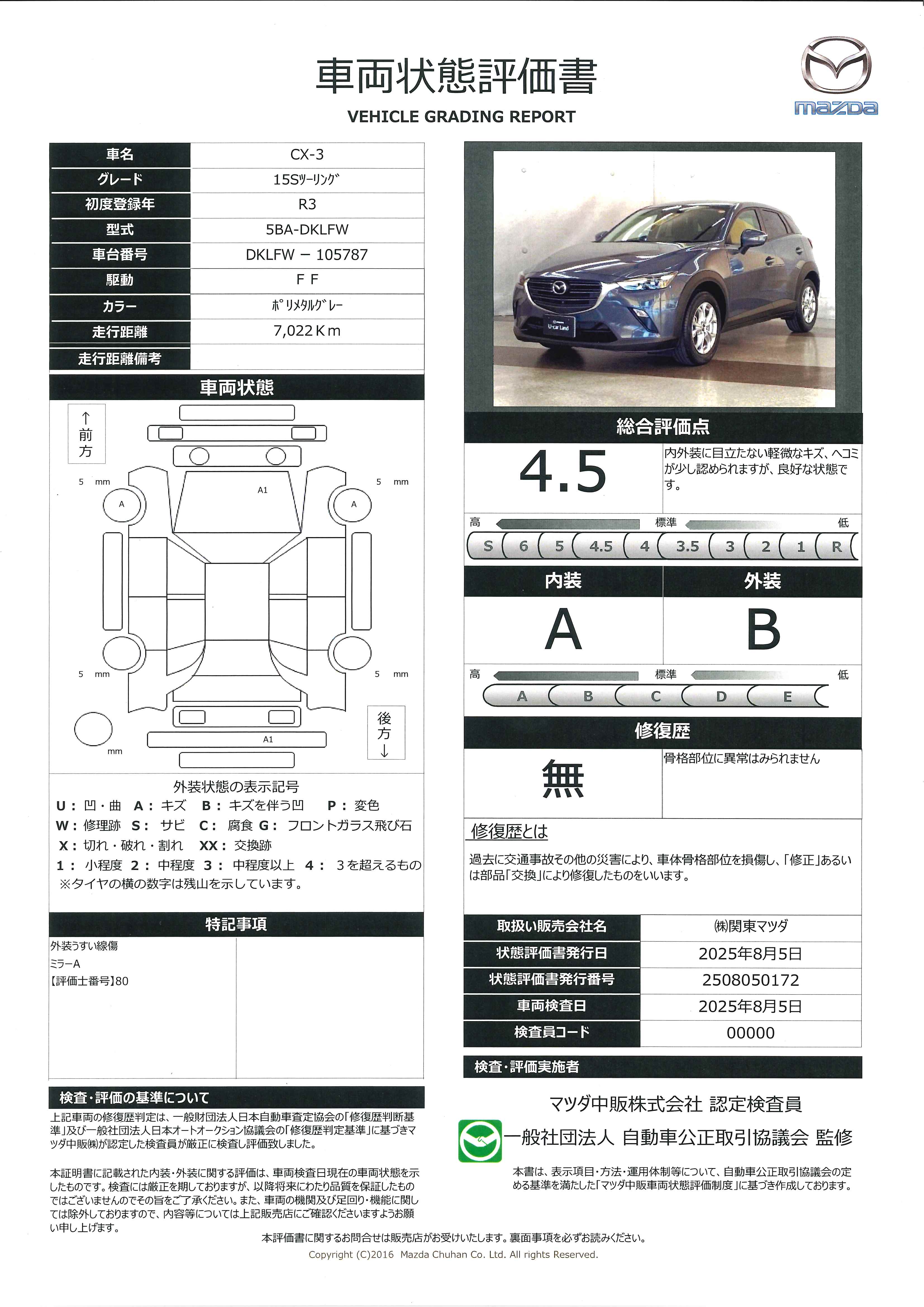 【CX-3　1.5 15S ツーリング地デジ 360°モニター ワンオーナー HBC パーキングセンサー 車線逸脱警報装置 ドラレコ ETC オートライト Bluetooth アドバンストキーレス　645qh003】の車両評価書｜関東マツダ　U-CAR NET ユーカーネット