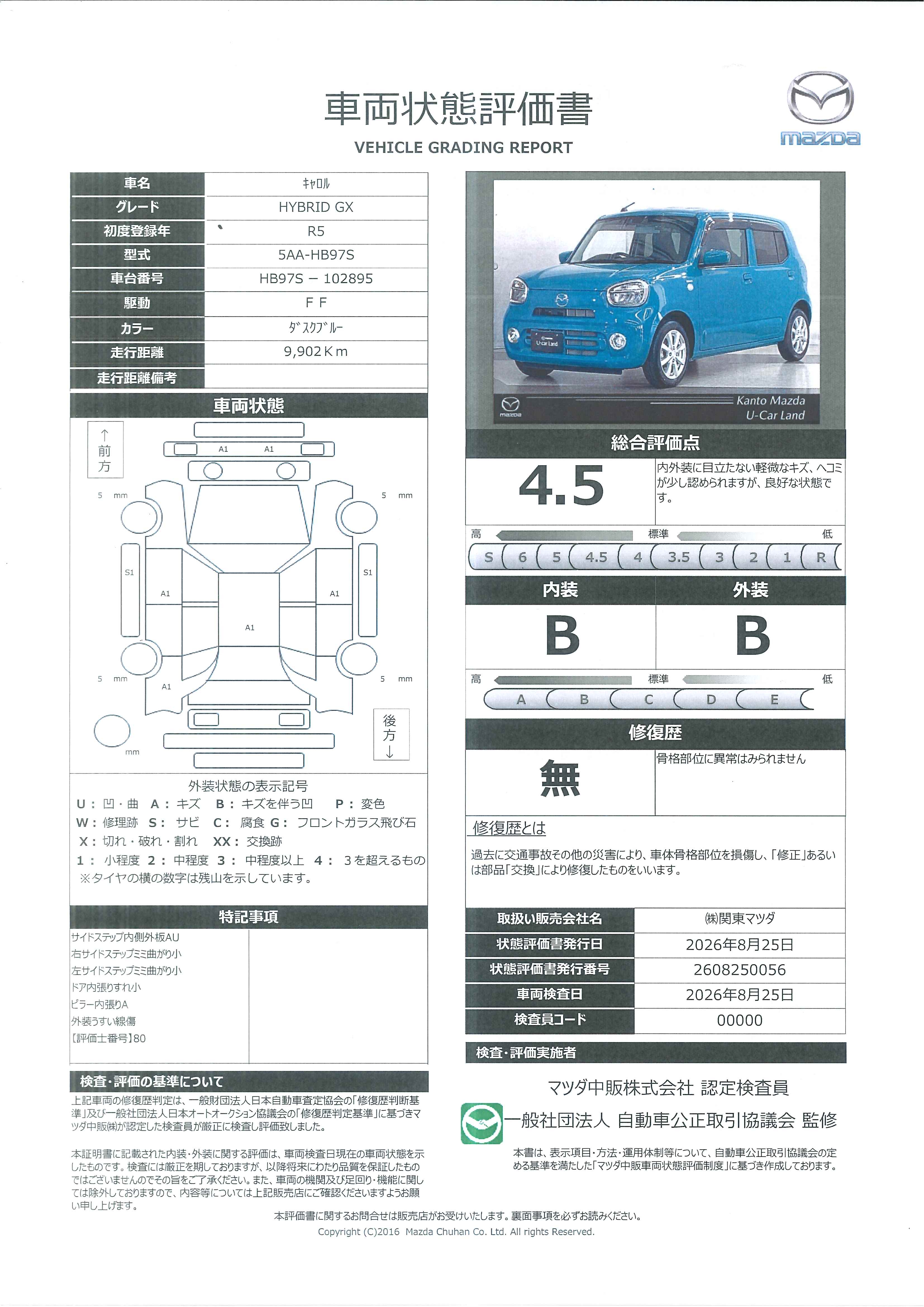 【キャロル　660 ハイブリッド GX地デジ Bカメラ ワンオーナー HBC リアパーキングセンサー 車線逸脱警報装置 シートヒーター 2カメラドラレコ Bluetooth アドバンストキーレス　645rh033】の車両評価書｜関東マツダ　U-CAR NET ユーカーネット