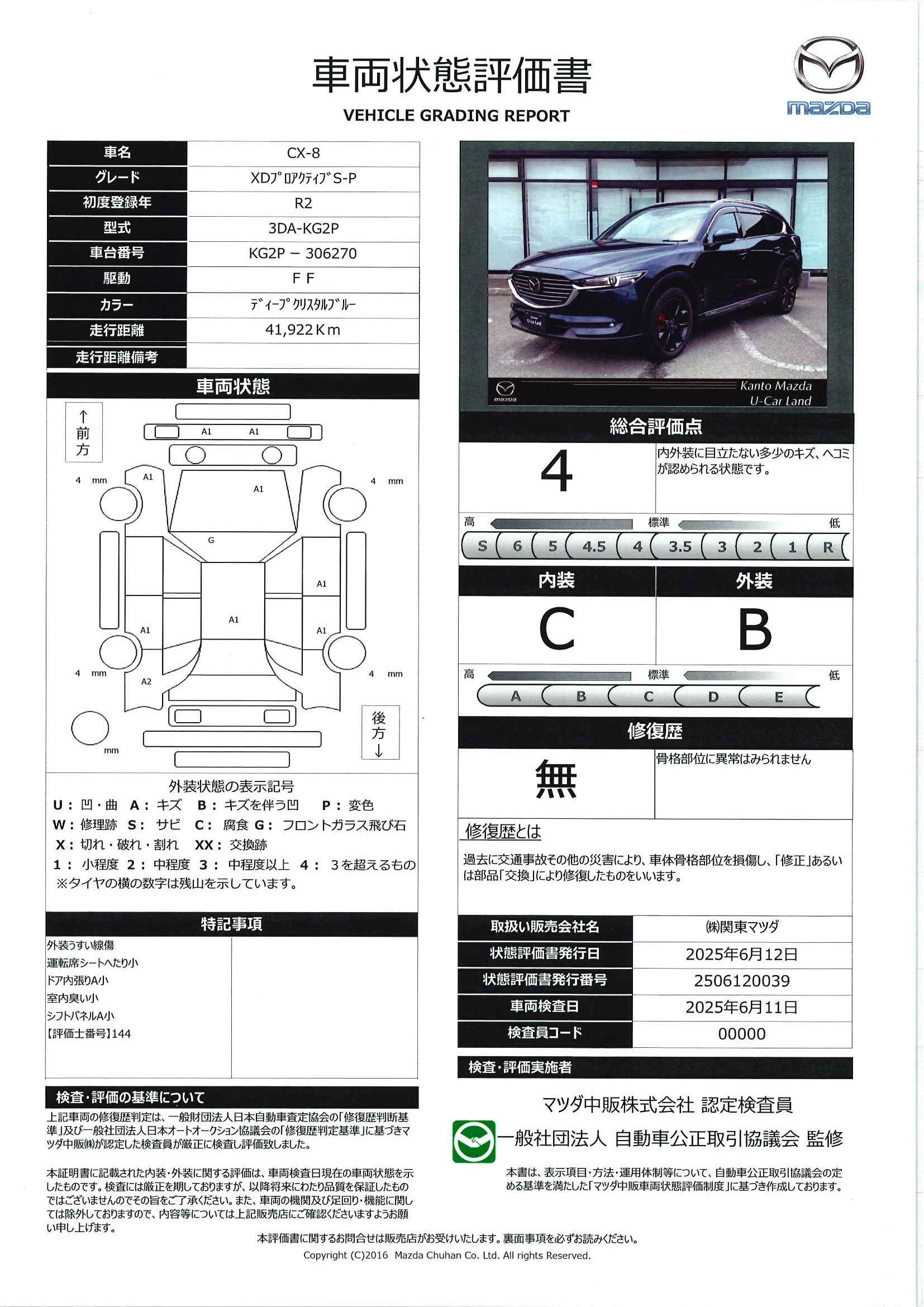 【CX-8　2.2 XD プロアクティブ Sパッケージ マツダコネクトナビ BOSE 地デジ 360°ビューモニター ETC サンルーフ RAYS19インチアルミ ワンオーナー　647qh012】の車両評価書｜関東マツダ　U-CAR NET ユーカーネット