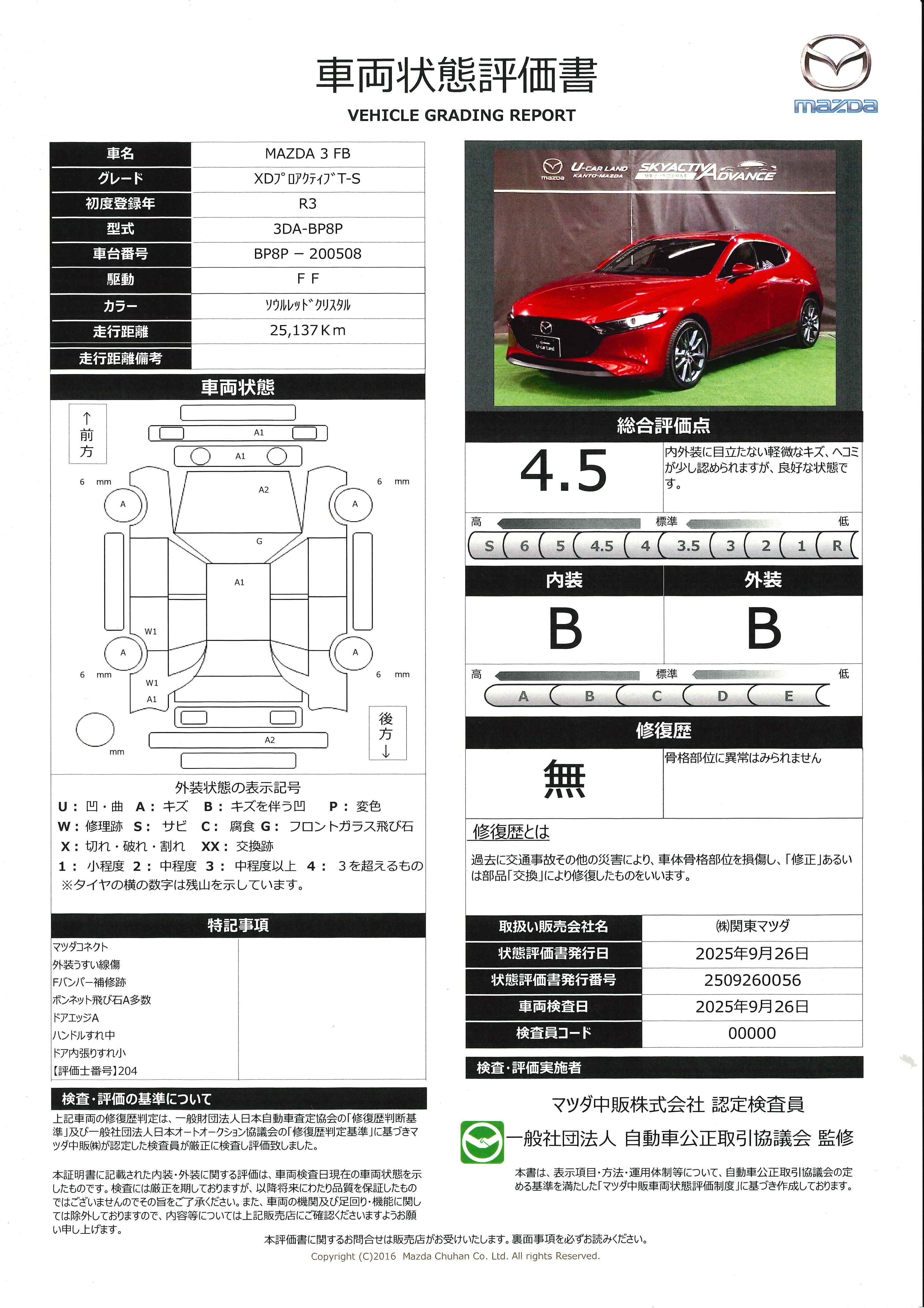 【MAZDA3ファストバック　1.8 XD プロアクティブ ツーリング セレクション地デジ ETC ドラレコ ワンオーナー　647qi010】の車両評価書｜関東マツダ　U-CAR NET ユーカーネット