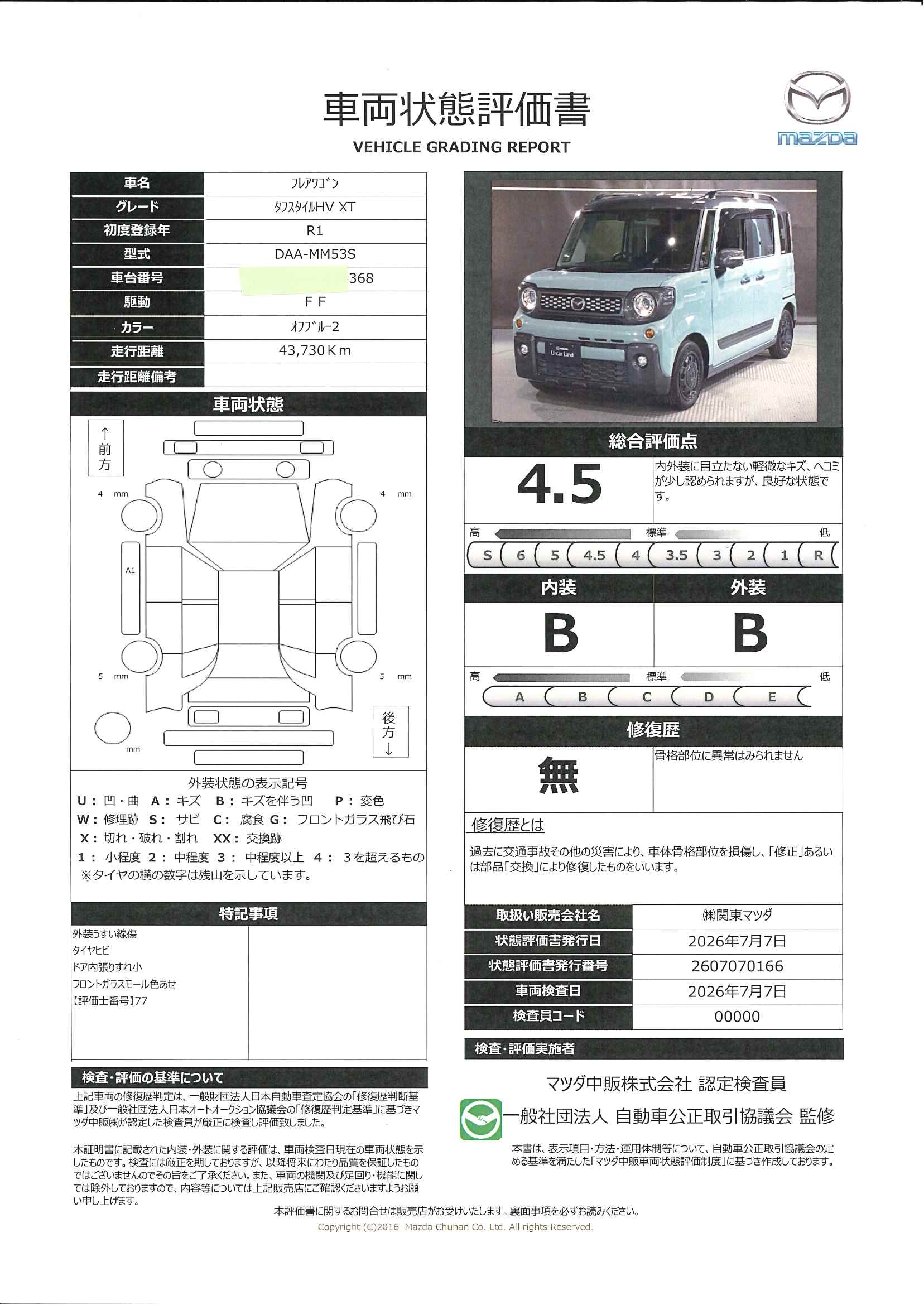【フレアワゴン　660 タフスタイル ハイブリッド XTメモリーナビ 地デジ 360°モニター ドラレコ ワンオーナー　647rg001】の車両評価書｜関東マツダ　U-CAR NET ユーカーネット
