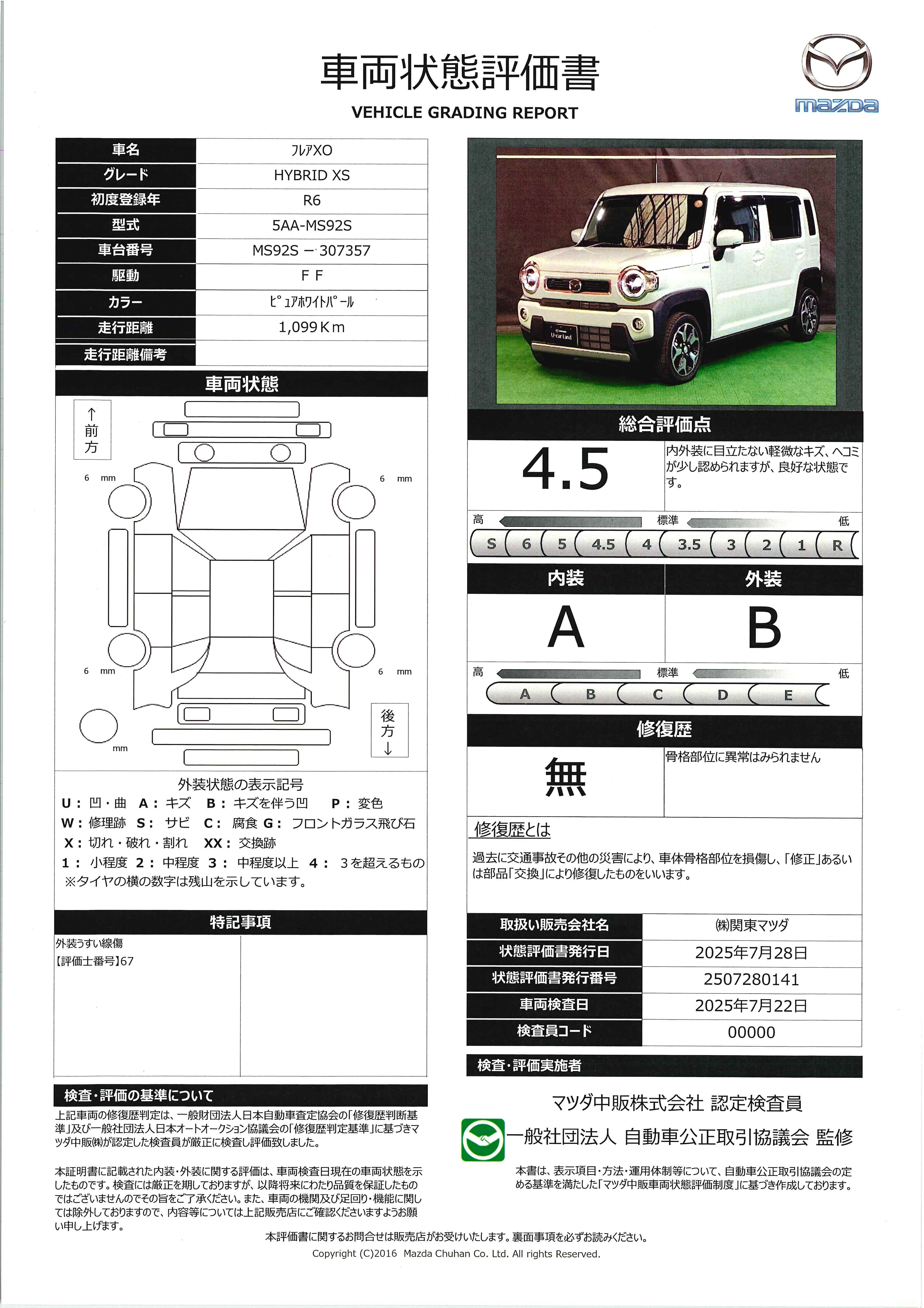 【フレアクロスオーバー　660 ハイブリッド XSワンオーナー　全周囲カメラ　ETC　648qg018】の車両評価書｜関東マツダ　U-CAR NET ユーカーネット