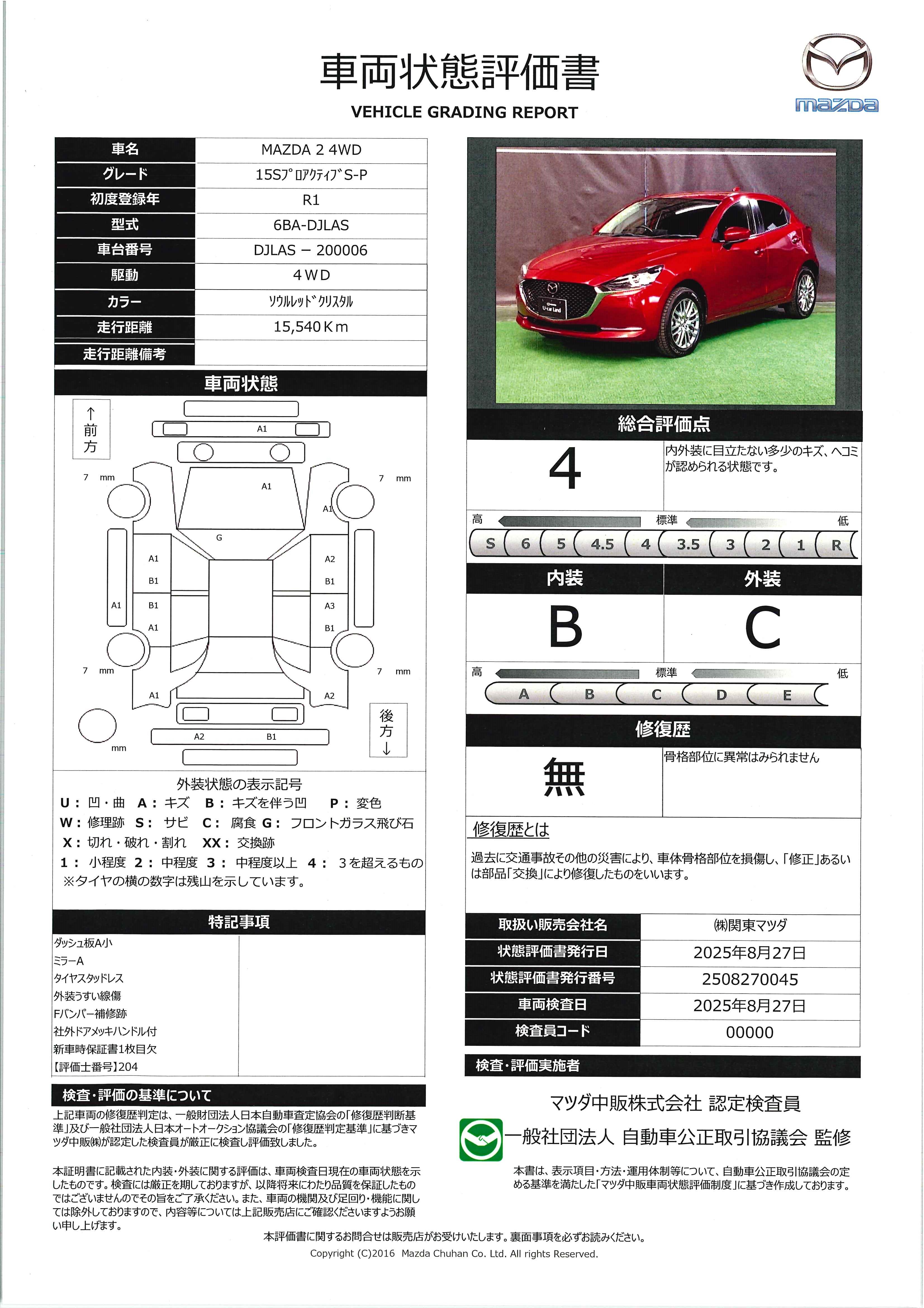 【MAZDA2　1.5 15S プロアクティブ Sパッケージ 4WD全周囲カメラ　ETC　レーダークルーズ　648qh007】の車両評価書｜関東マツダ　U-CAR NET ユーカーネット