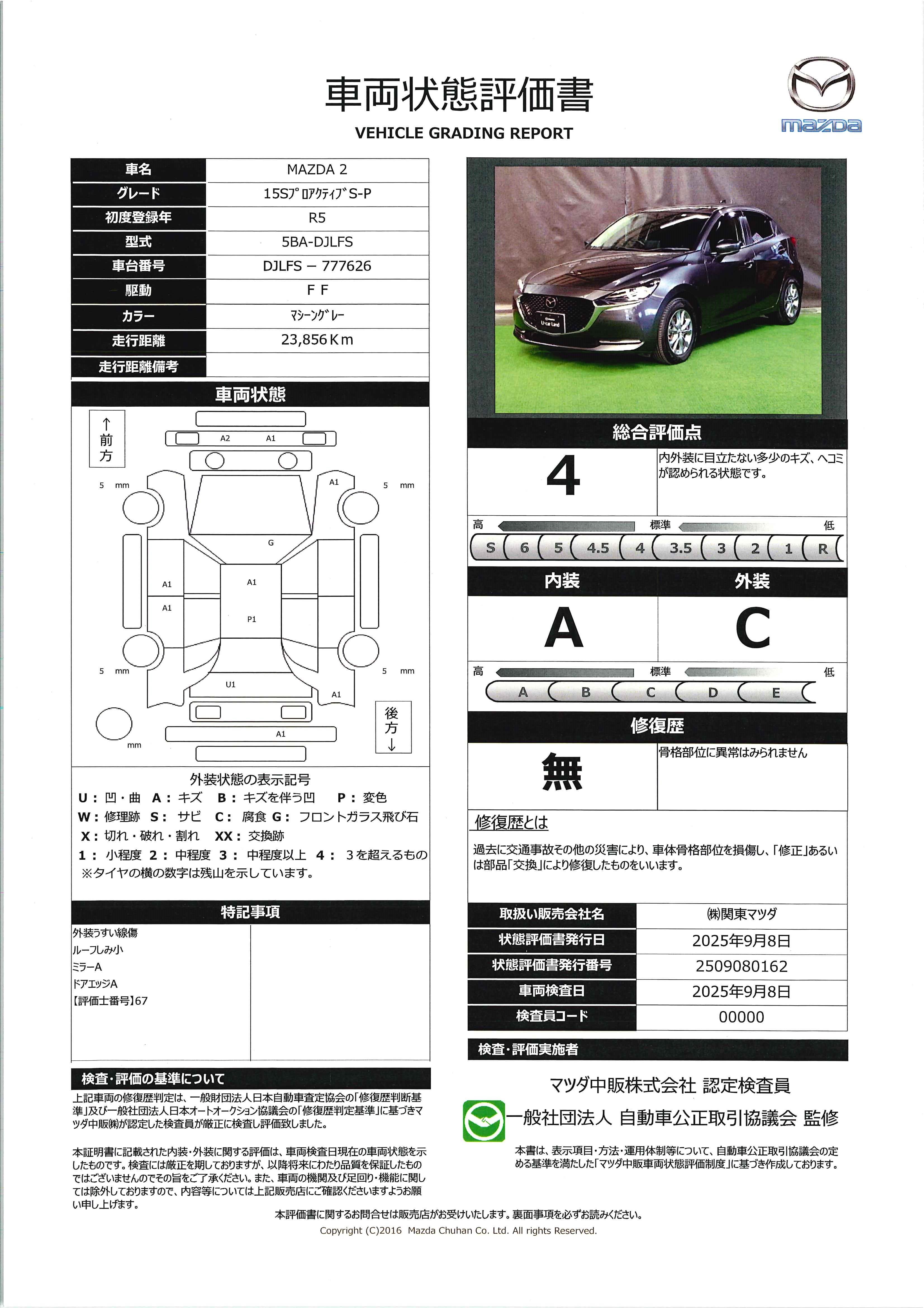 【MAZDA2　1.5 15S プロアクティブ Sパッケージワンオーナー　全周囲カメラ　ETC2.0　648qi003】の車両評価書｜関東マツダ　U-CAR NET ユーカーネット