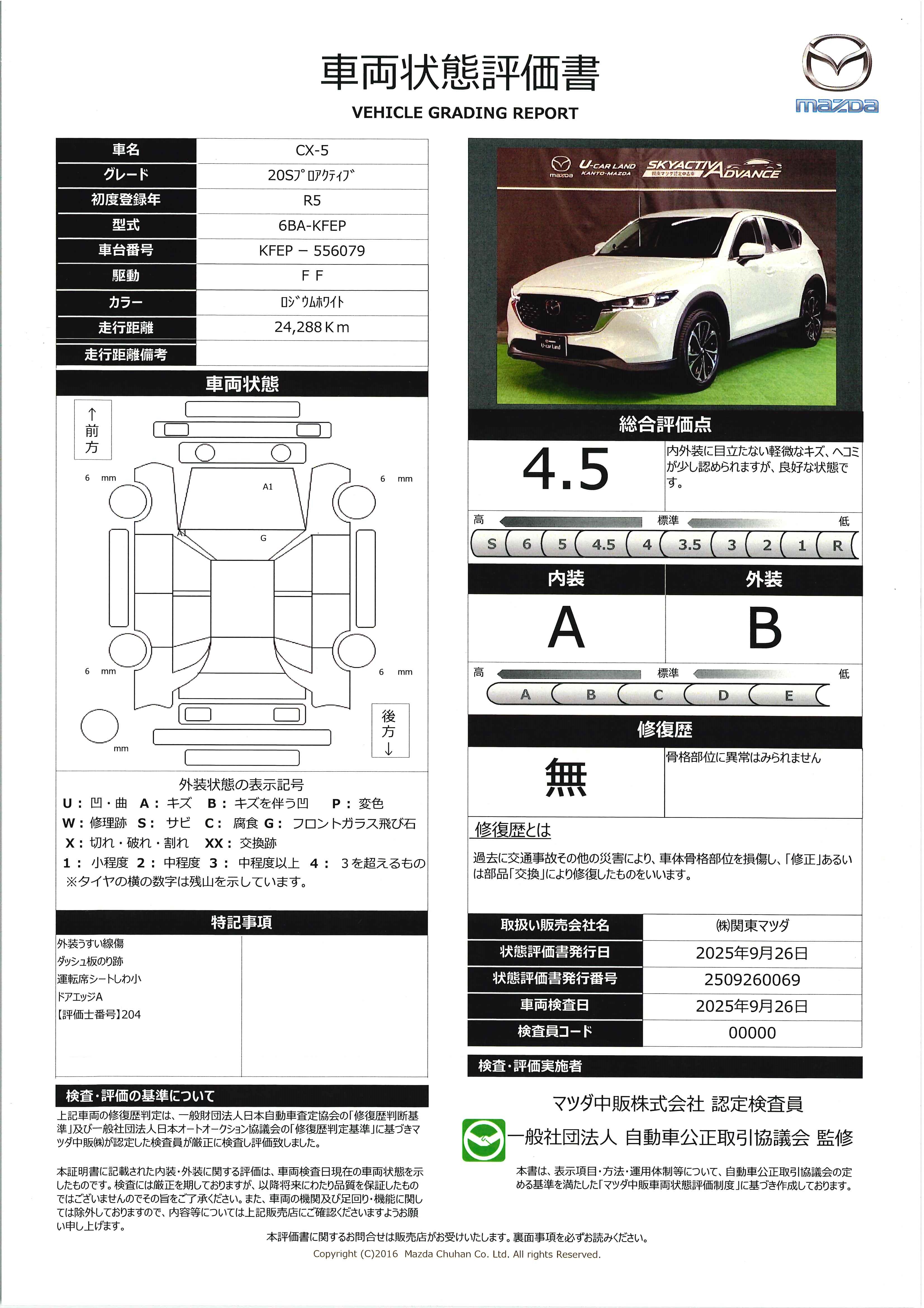 【CX-5　2.0 20S プロアクティブワンオーナー　全周囲カメラ　ETC　648qi015】の車両評価書｜関東マツダ　U-CAR NET ユーカーネット