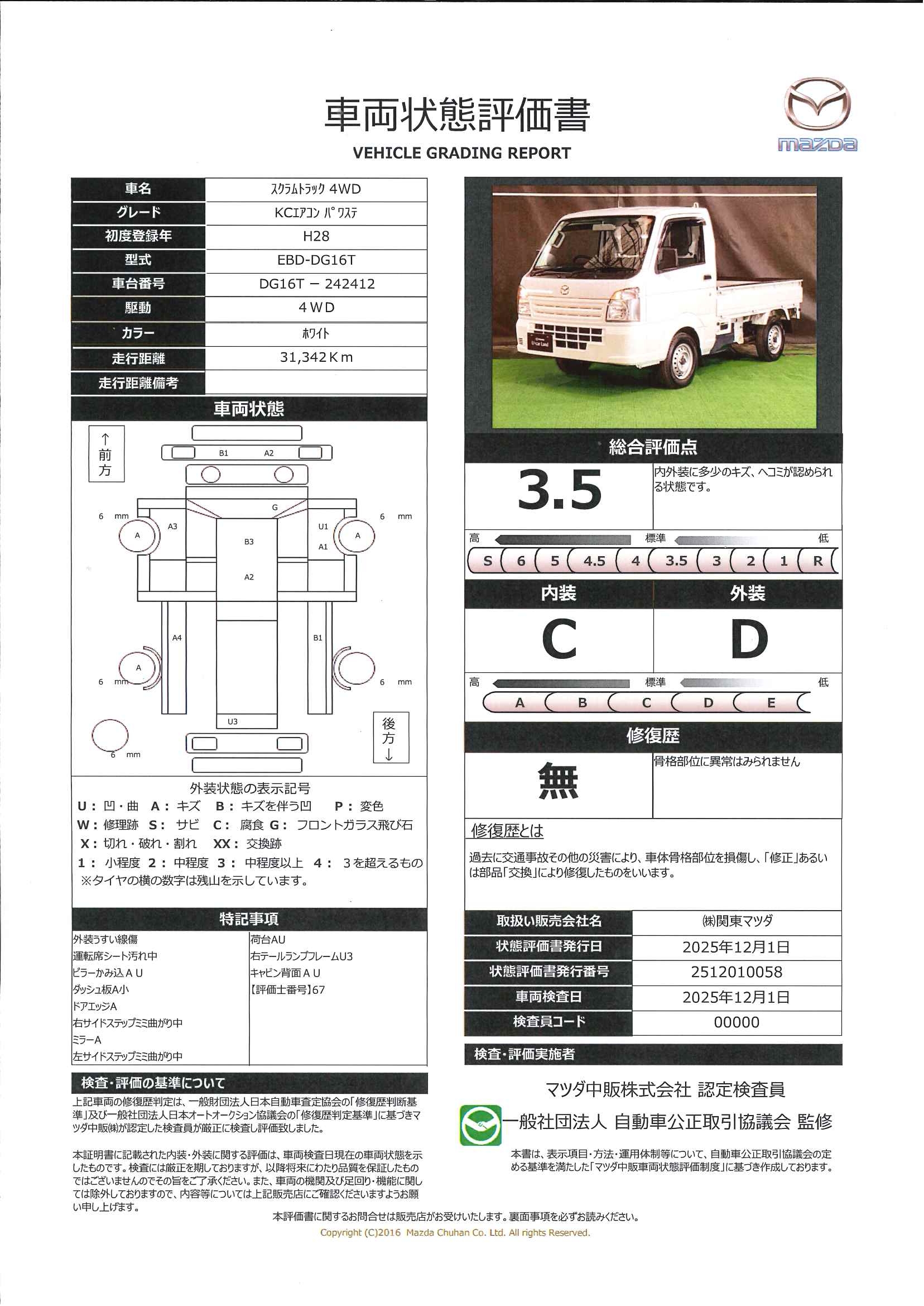 【スクラムトラック　660 KC エアコン・パワステ 4WD５ＭＴ　ワンオーナー　エアバッグ　ABS　648qk075】の車両評価書｜関東マツダ　U-CAR NET ユーカーネット