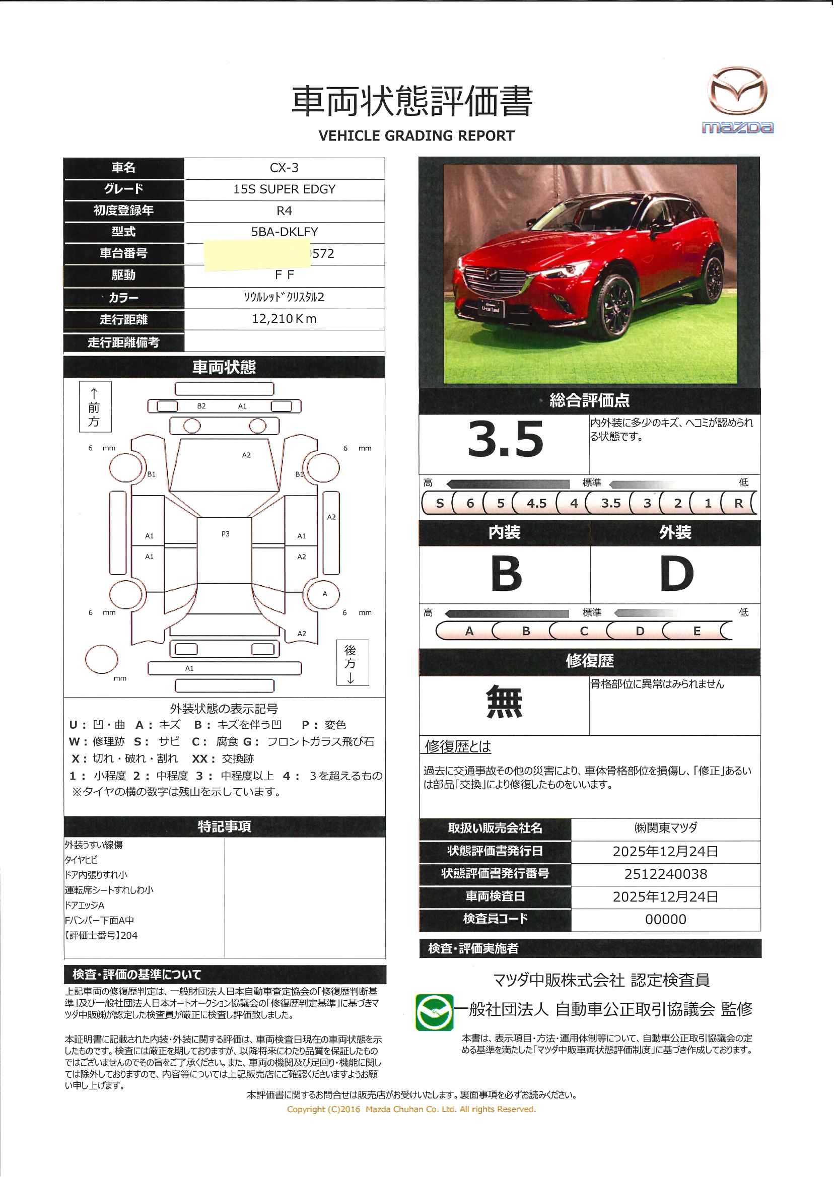 【CX-3　1.5 15S スーパー エッジーワンオーナー　全周囲カメラ　ETC　ドラレコ　648ql028】の車両評価書｜関東マツダ　U-CAR NET ユーカーネット