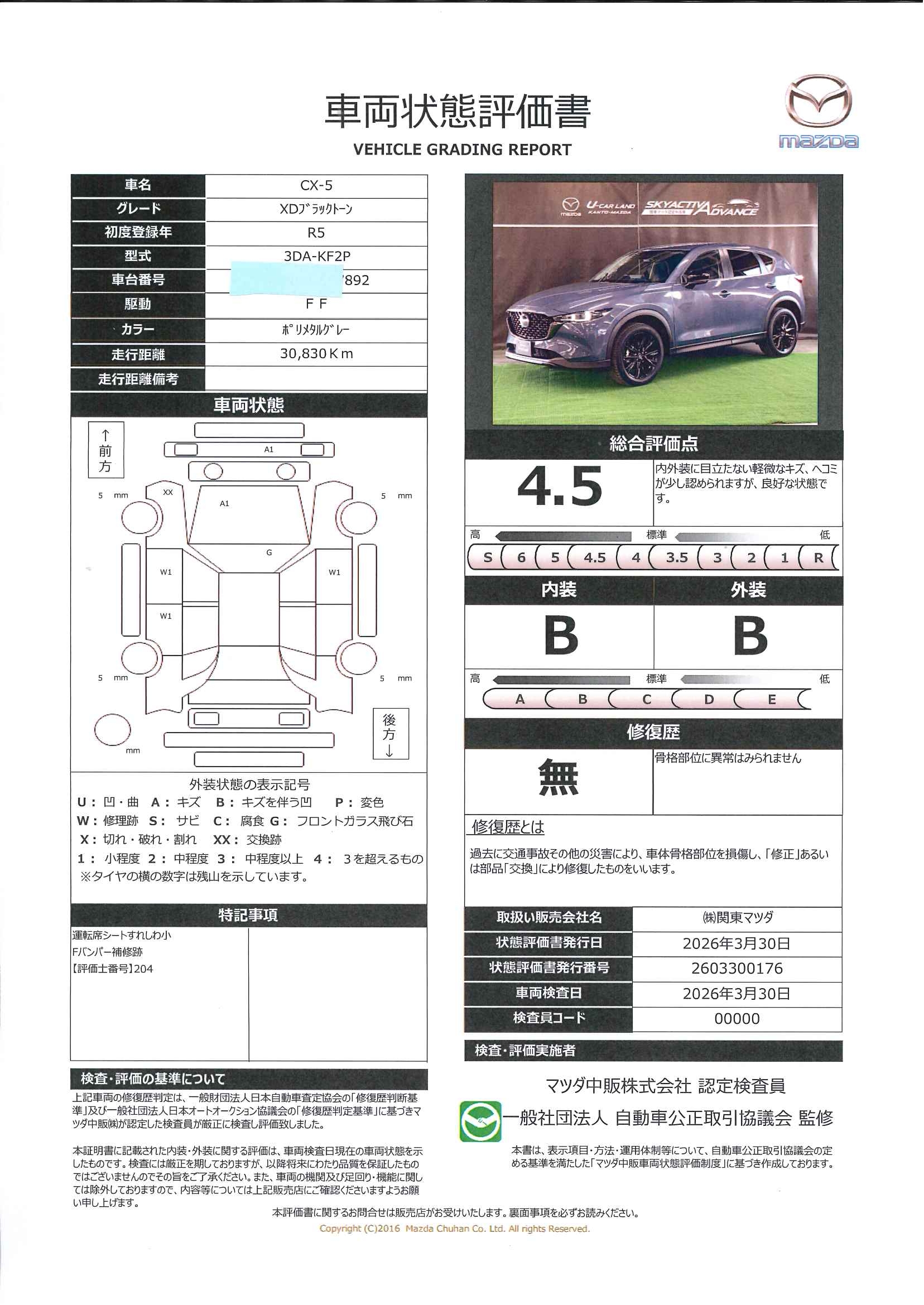 【CX-5　2.2 XD ブラックトーンエディション ディーゼルターボワンオーナー　全周囲カメラ　ETC　2カメラドラレコ　648rc035】の車両評価書｜関東マツダ　U-CAR NET ユーカーネット