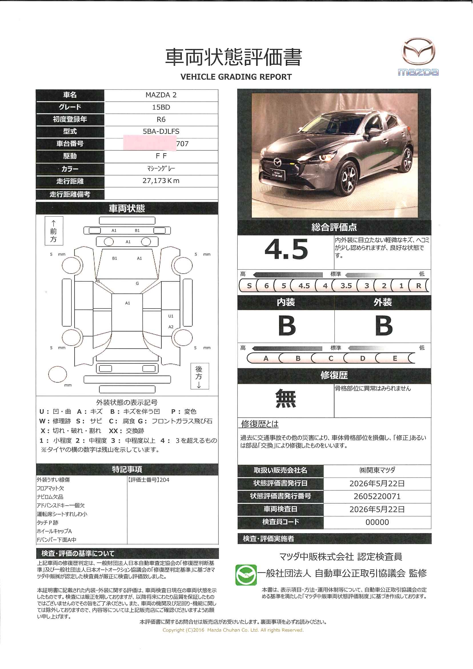 【MAZDA2　1.5 15BDワンオーナー　全周囲カメラ　ETC　648re004】の車両評価書｜関東マツダ　U-CAR NET ユーカーネット