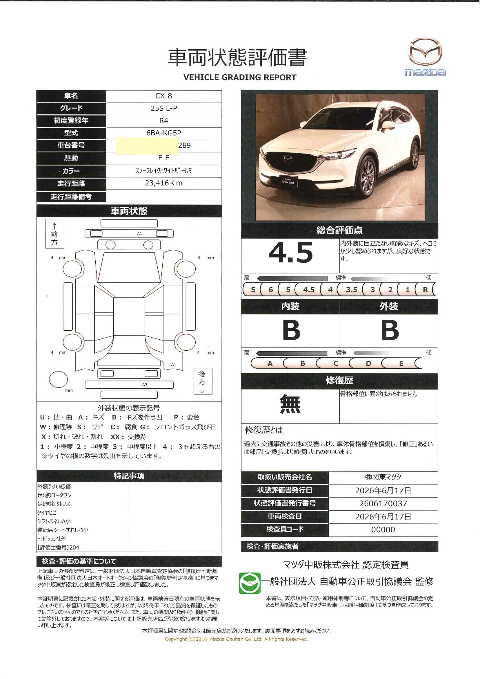 【CX-8　2.5 25S Lパッケージワンオーナー　全周囲カメラ　ETC　ローダウン　648rf012】の車両評価書｜関東マツダ　U-CAR NET ユーカーネット