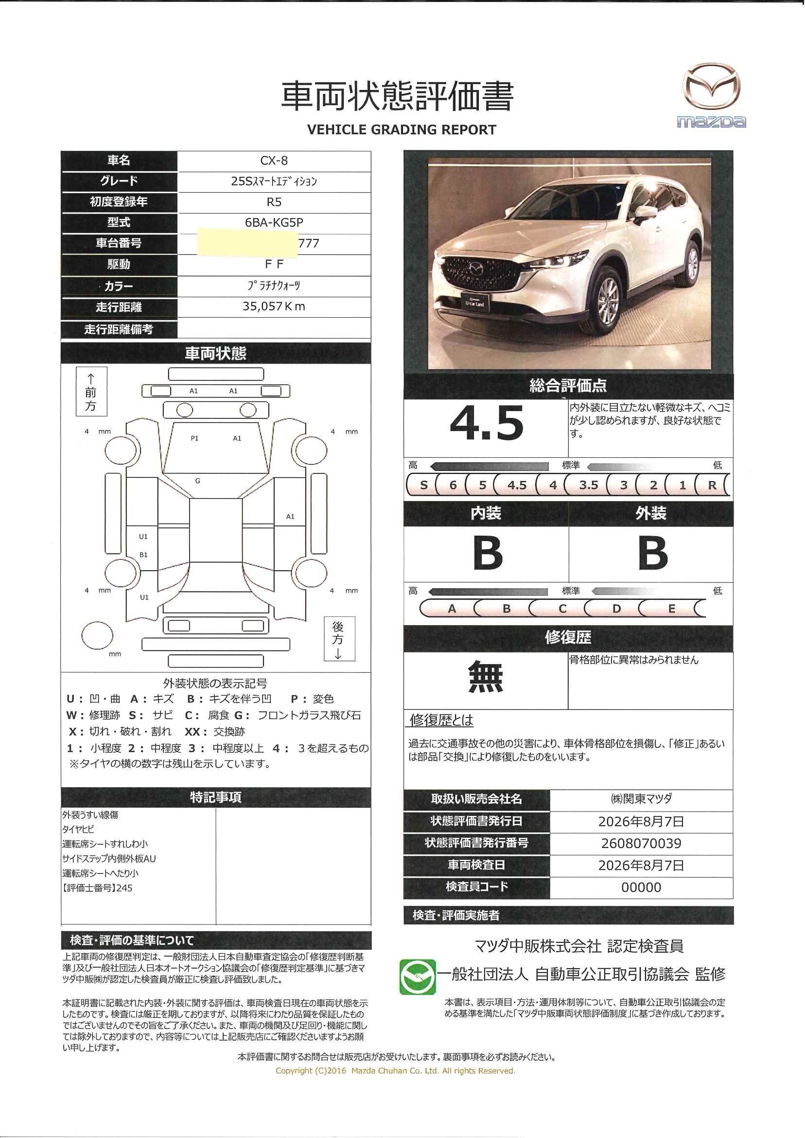【CX-8　2.5 25S スマート エディションワンオーナー　全周囲カメラ　ETC　648rh002】の車両評価書｜関東マツダ　U-CAR NET ユーカーネット