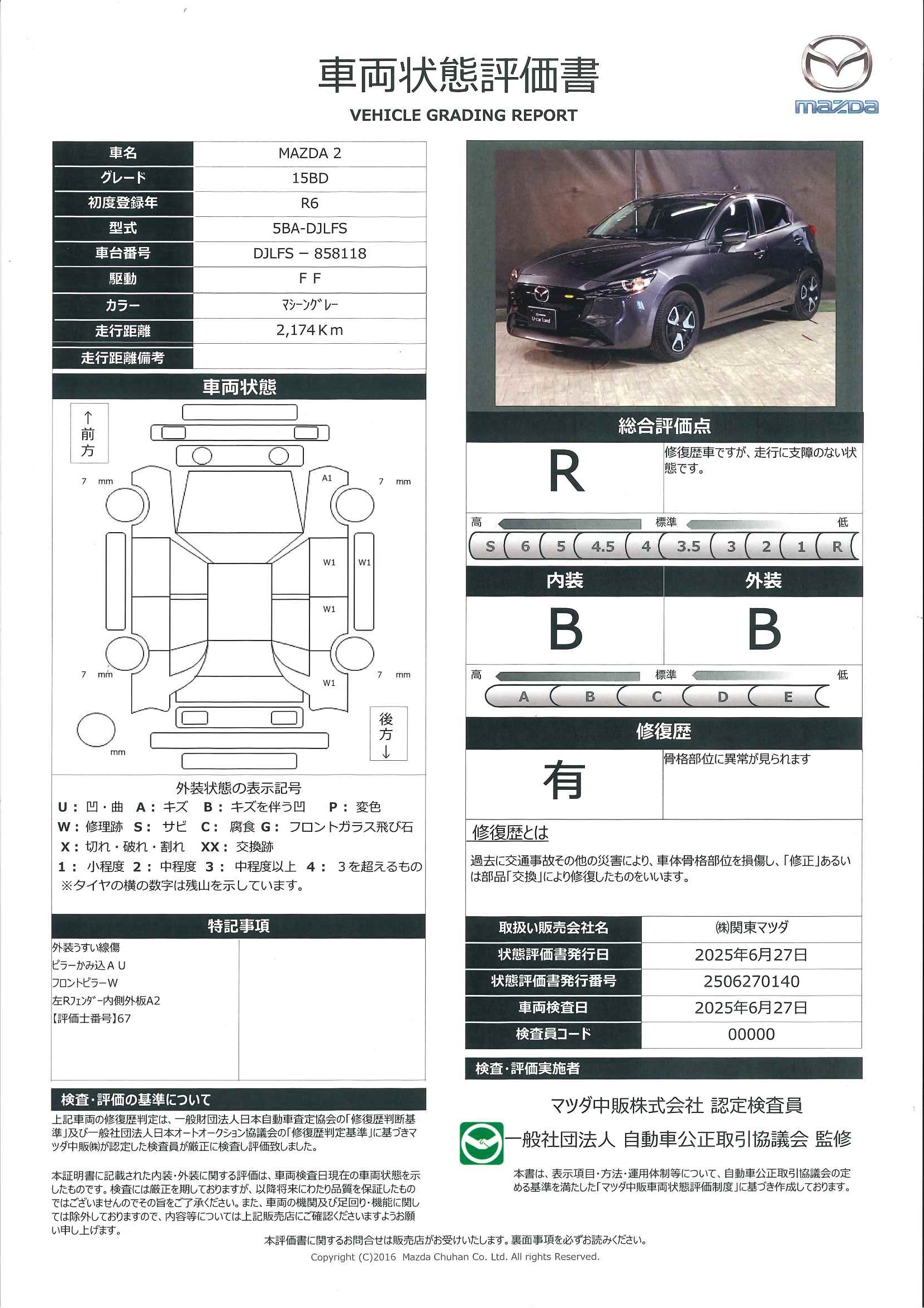 【MAZDA2　15BD(ブラック)2WD セーフティクルーズパッケージ マツコネナビ 地デジ 360℃ビュー ETC ワンオーナー　651qf017】の車両評価書｜関東マツダ　U-CAR NET ユーカーネット
