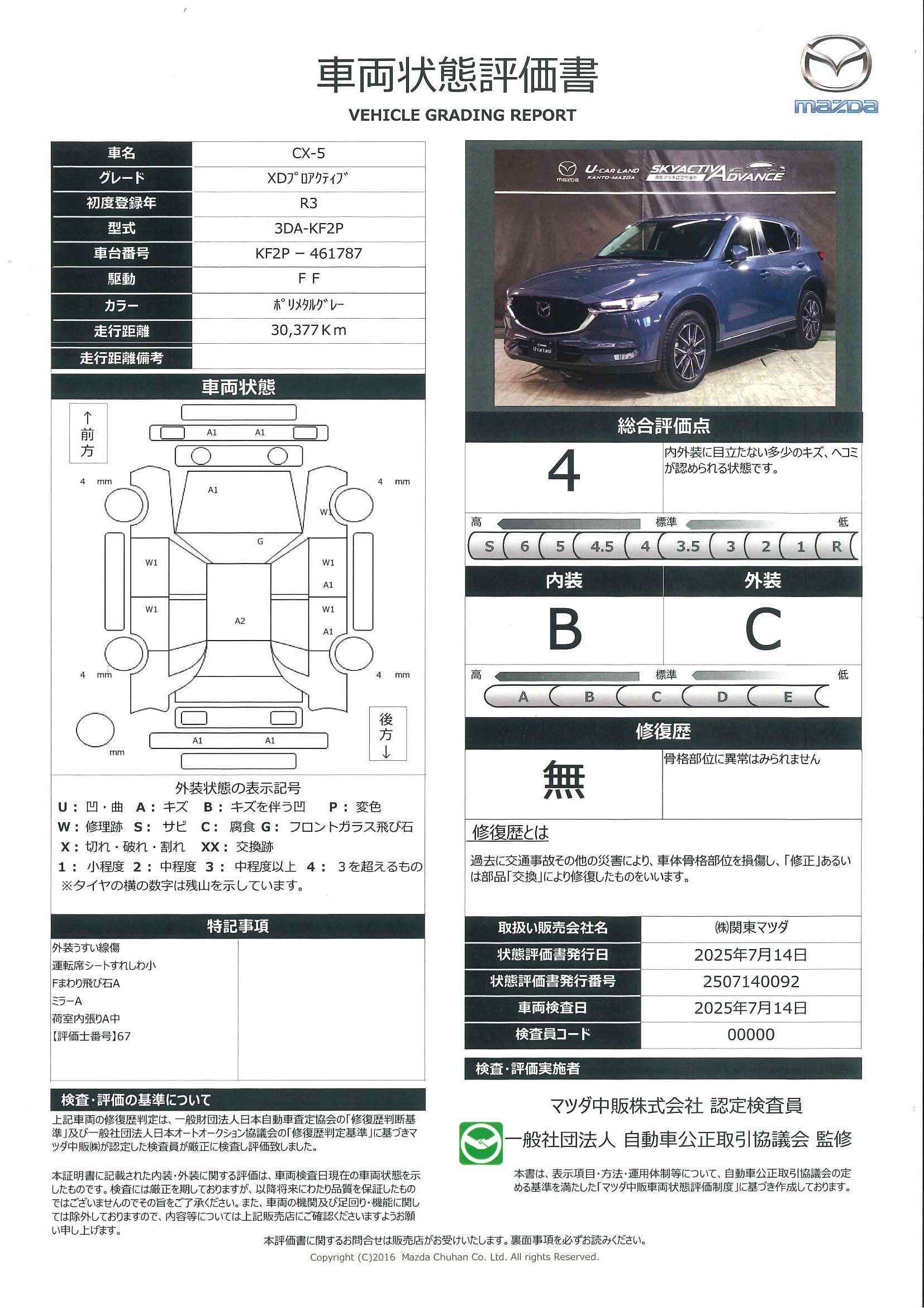 【CX-5　XD プロアクティブ 2WD マツコネナビ 地デジ 360℃ビュー ETC 10.25インチセンターディスプレイ 19インチアルミ ワンオーナー　651qg004】の車両評価書｜関東マツダ　U-CAR NET ユーカーネット