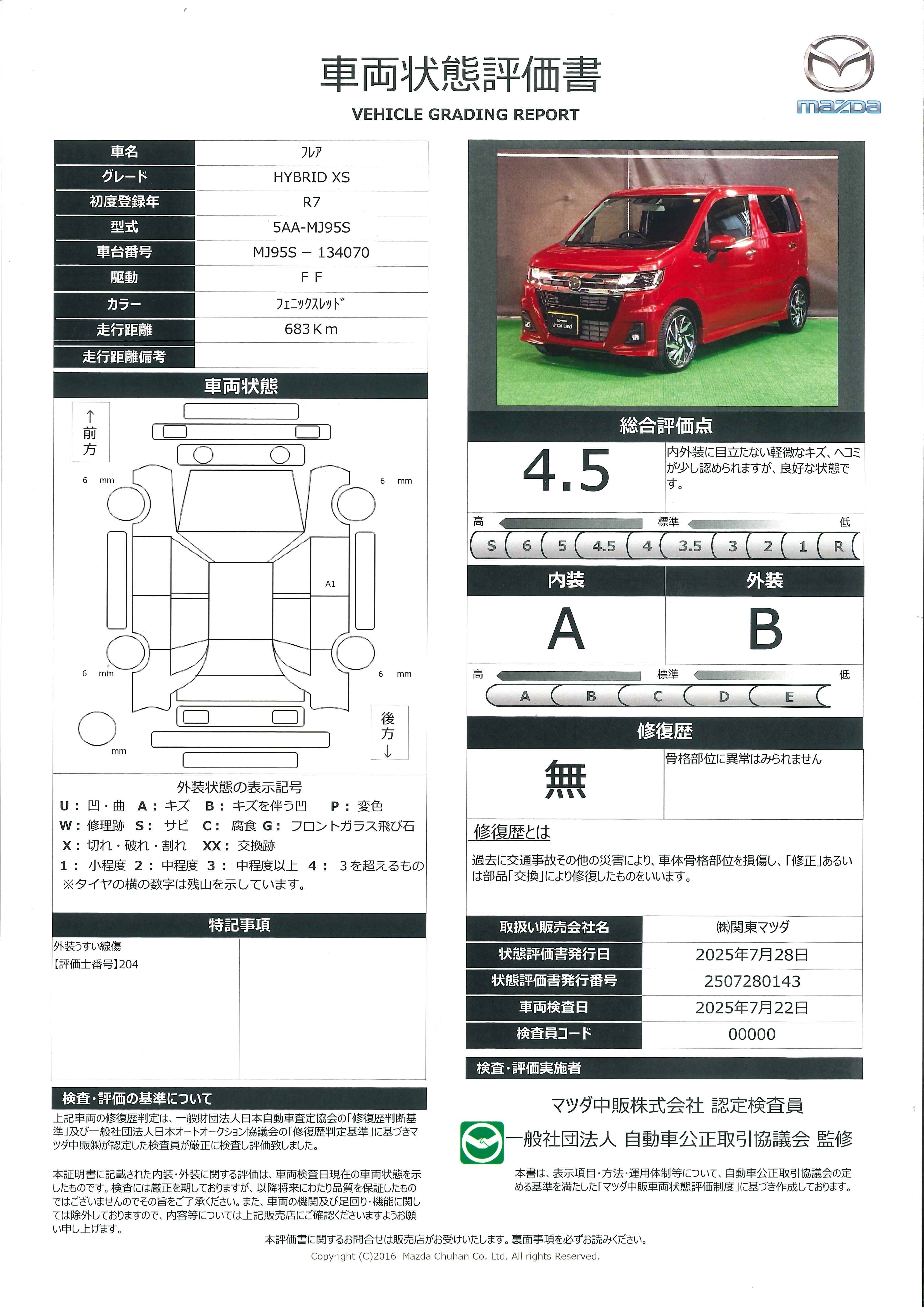 【フレア　ハイブリッド XS 2WD ナビ 地デジ 全方位モニター ETC 15インチアルミ 試乗車　651qg012】の車両評価書｜関東マツダ　U-CAR NET ユーカーネット