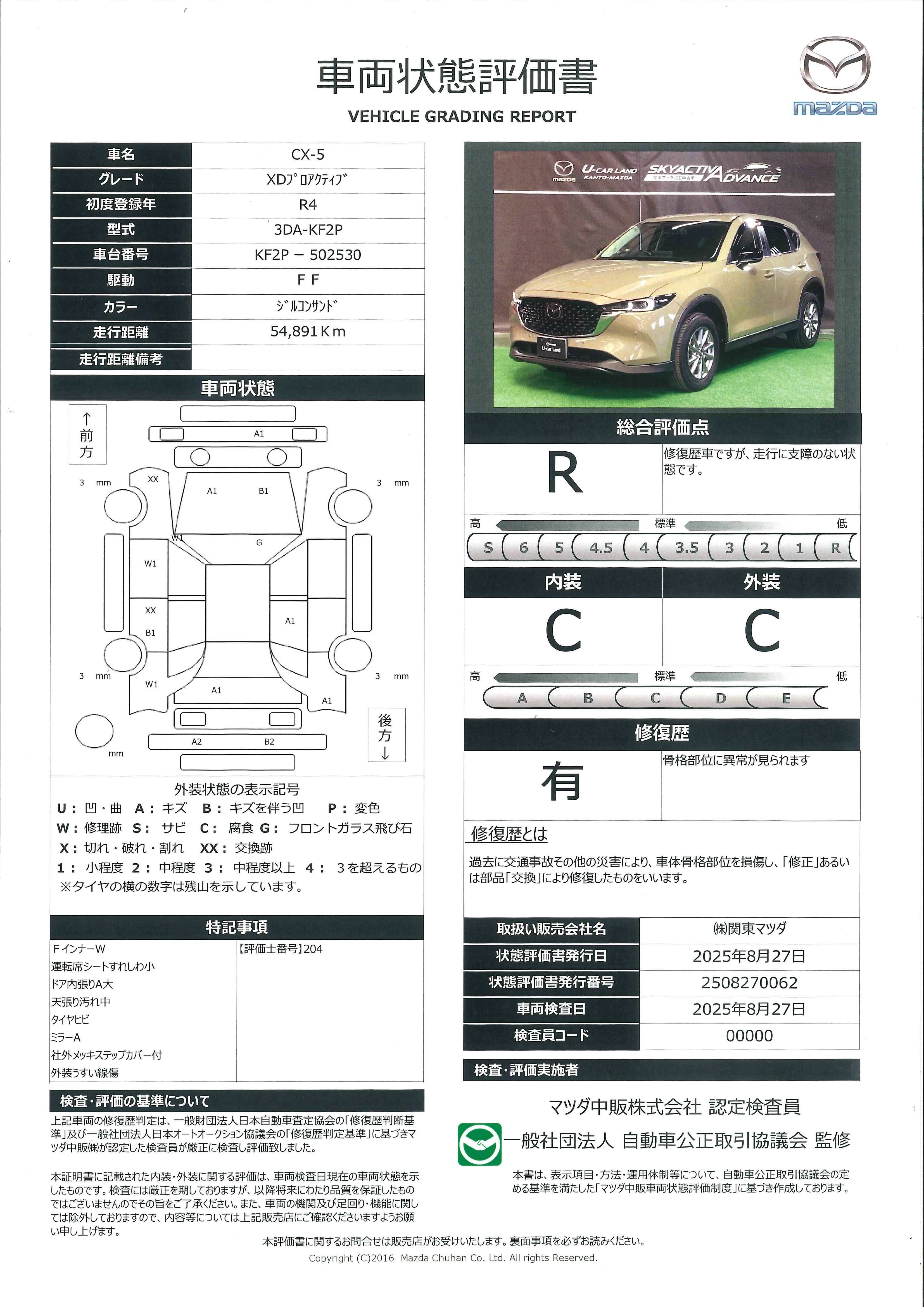 【CX-5　XD プロアクティブ 2WD マツコネナビ 地デジ 360℃ビュー ETC2.0 17インチアルミ ワンオーナー　651qh006】の車両評価書｜関東マツダ　U-CAR NET ユーカーネット