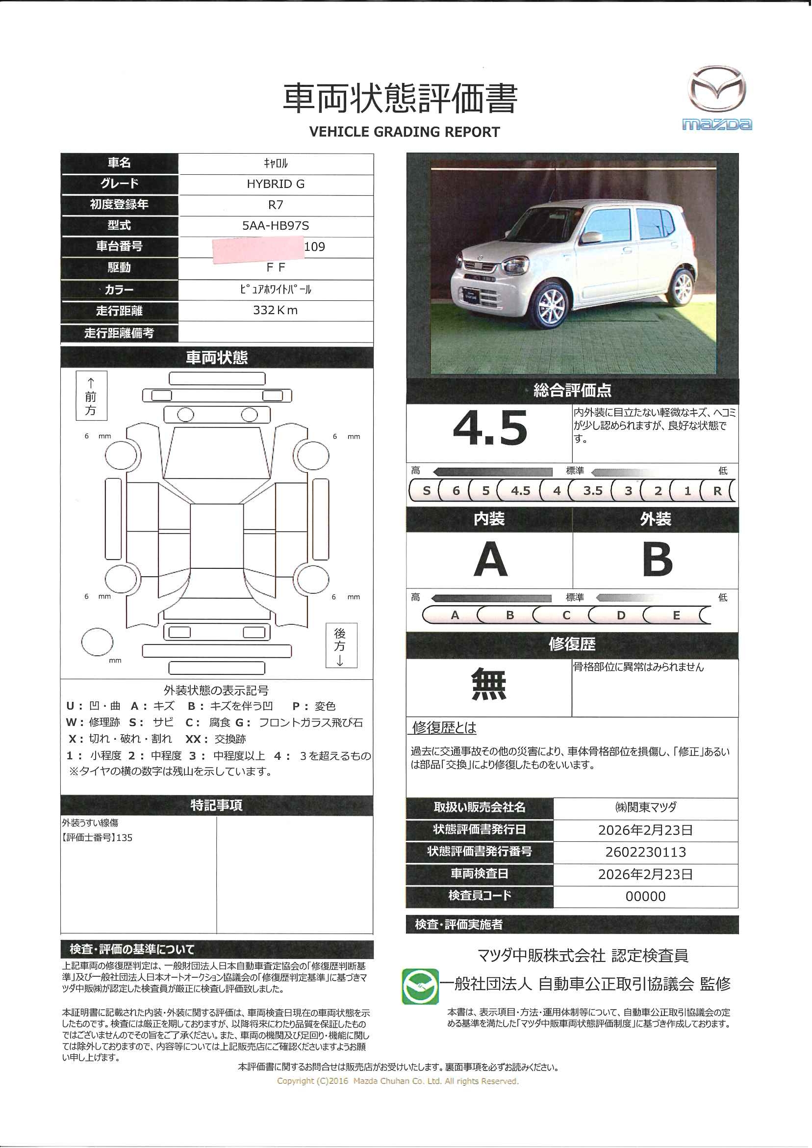 【キャロル　ハイブリッド G 2WD ナビ 地デジ バックカメラ 試乗車　651rb015】の車両評価書｜関東マツダ　U-CAR NET ユーカーネット