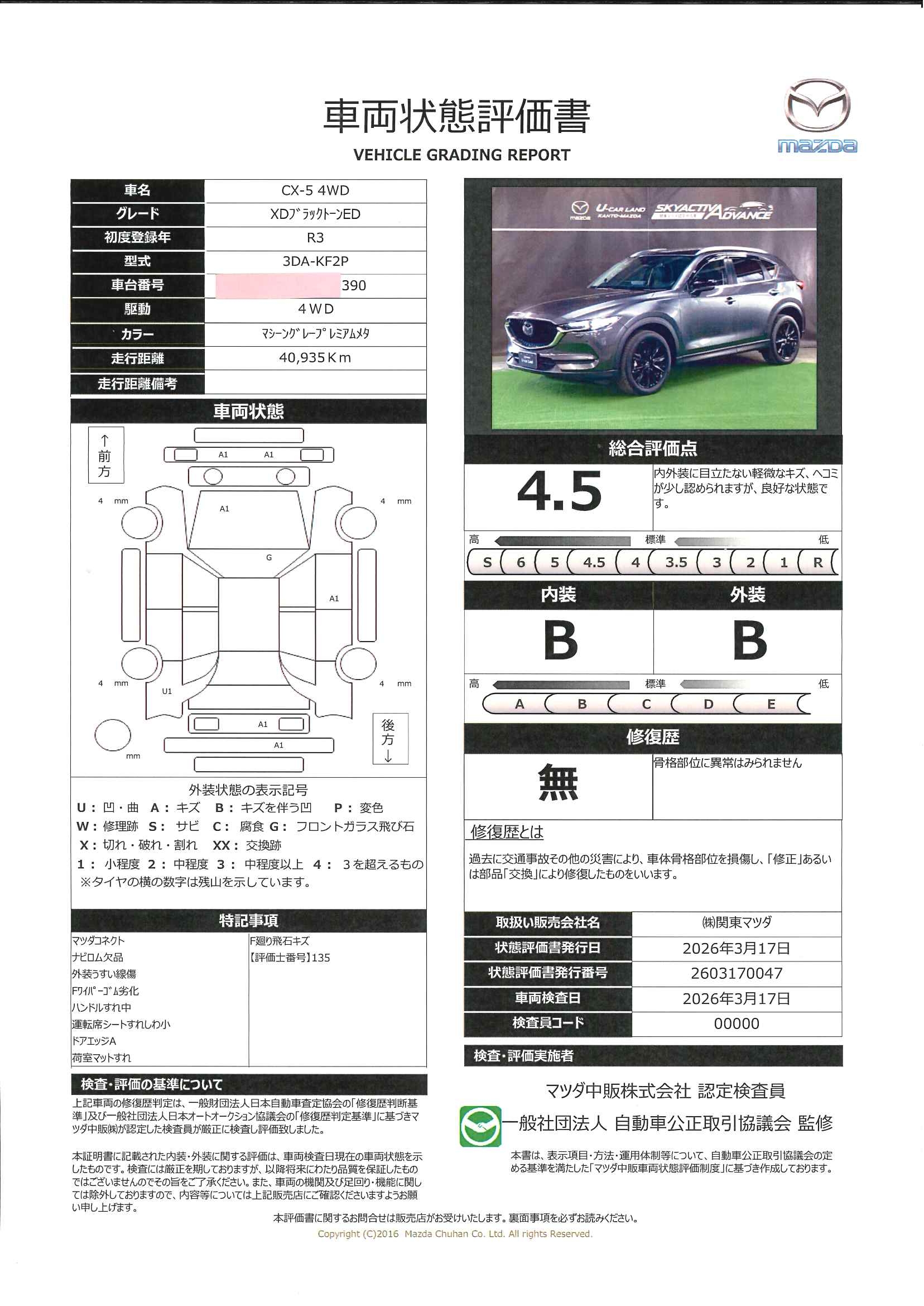 【CX-5　XD ブラックトーンエディション 4WD 10.25インチセンターディスプレイ 地デジ 360℃ビュー BOSE ETC2.0 19インチアルミ ワンオーナー　651rc015】の車両評価書｜関東マツダ　U-CAR NET ユーカーネット