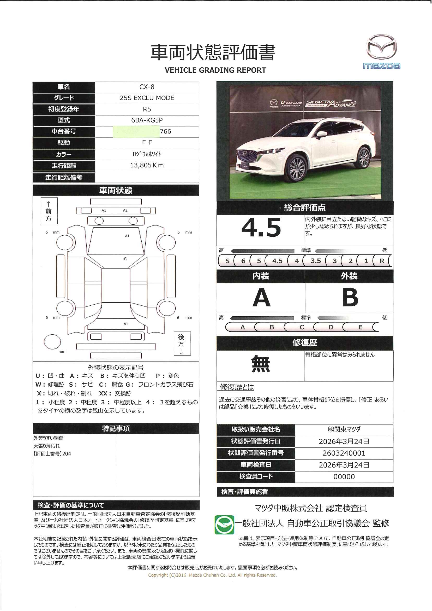 【CX-8　25S エクスクルーシブ モード 2WD 6人乗り BOSE 360ﾓﾆﾀｰ CD/DVD ﾄﾞﾗﾚｺ ETC　651rc024】の車両評価書｜関東マツダ　U-CAR NET ユーカーネット